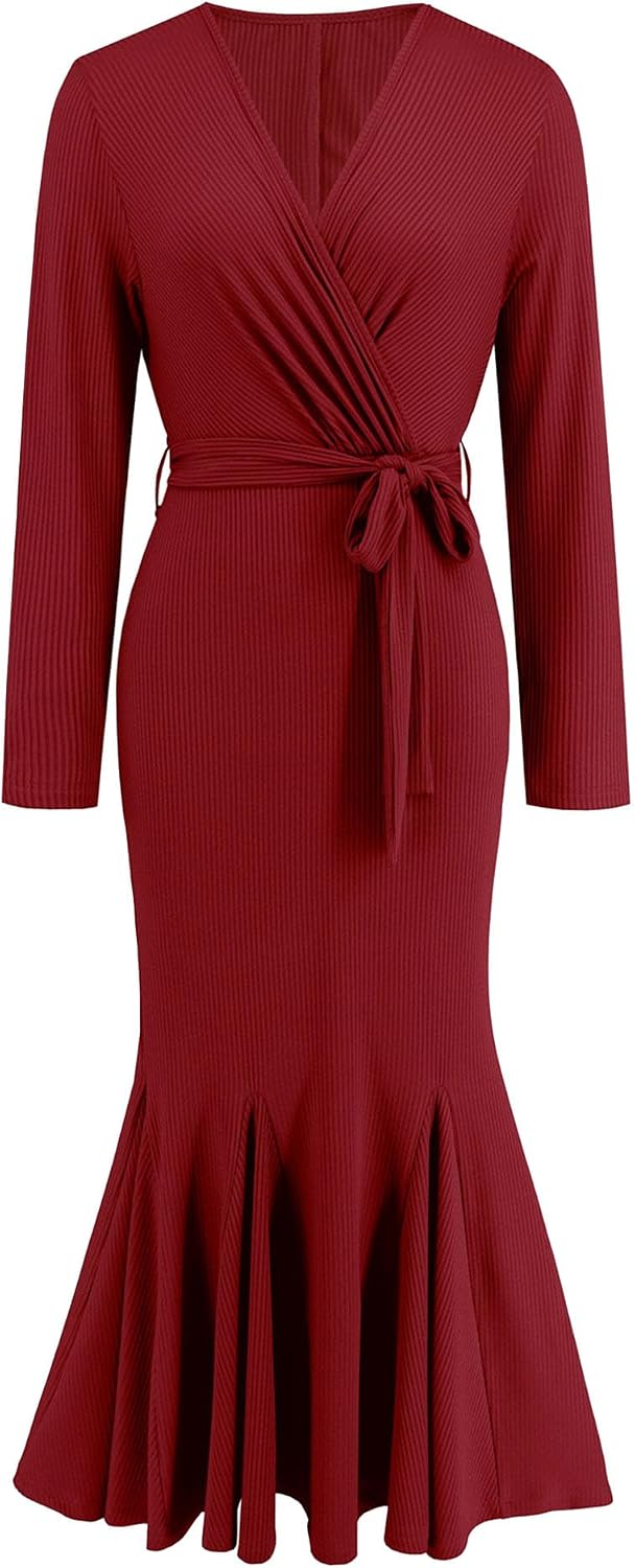 JEKE-DG Women's Long Knit V Neck Sweater Dress Tie Waist A-Line Swing Pleated Dress Long Sleeve Knitted Dress