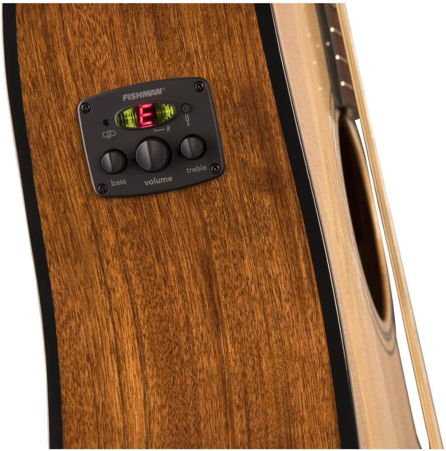 Detalhe do captador Fishman embutido no lado do violão Fender CD-140SCE mostrando botões de controle para bass, volume e treble, com acabamento em madeira escura.