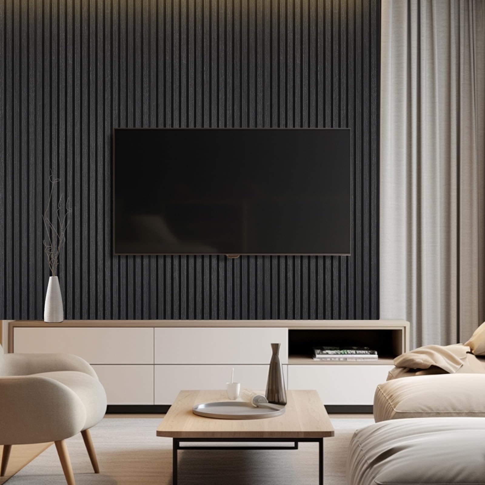 DOLLAR BOSS Acoustic Wood Panels 47.2"x15.7" 2-Pack - Soundproof Wall Tiles with 3D Fluted Design, Eco-Friendly MDF & Fiberboard, Easy Install for Studio/Office/Bedroom (Matte Black)