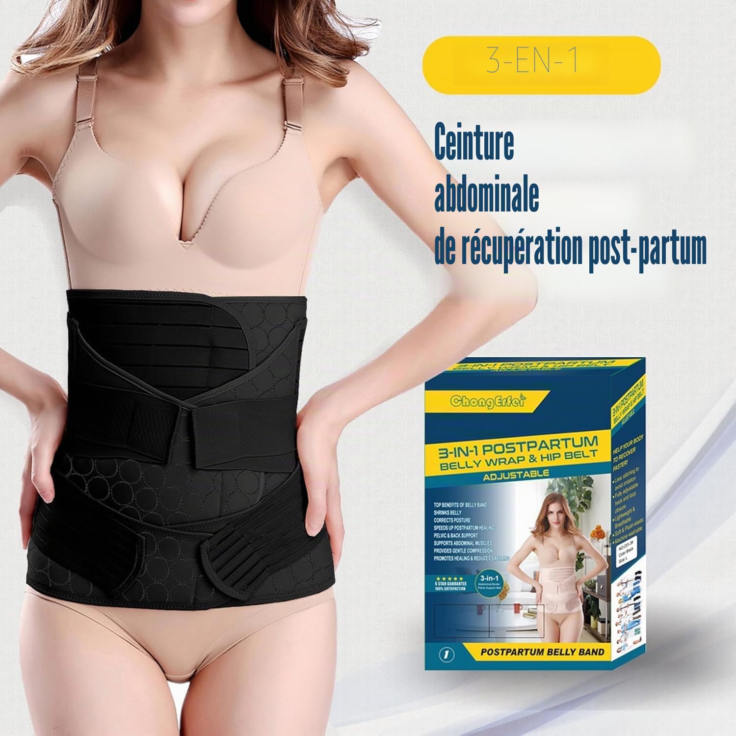 Ceinture ventrale 3 en 1 post-partum, Ceinture ventre/taille/bassin de récupération, noir, taille unique