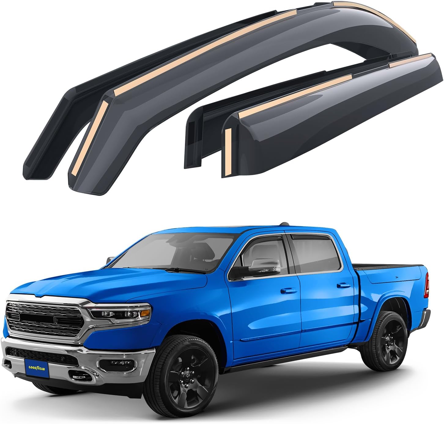 Goodyear Shatterproof in-Channel Window Deflectors for Trucks Dodge RAM 1500 2019-2024 Crew Cab, Rain Guards, Window Visors for Cars, Vent Deflector, Truck Accessories, 4 pcs- GY003413LP