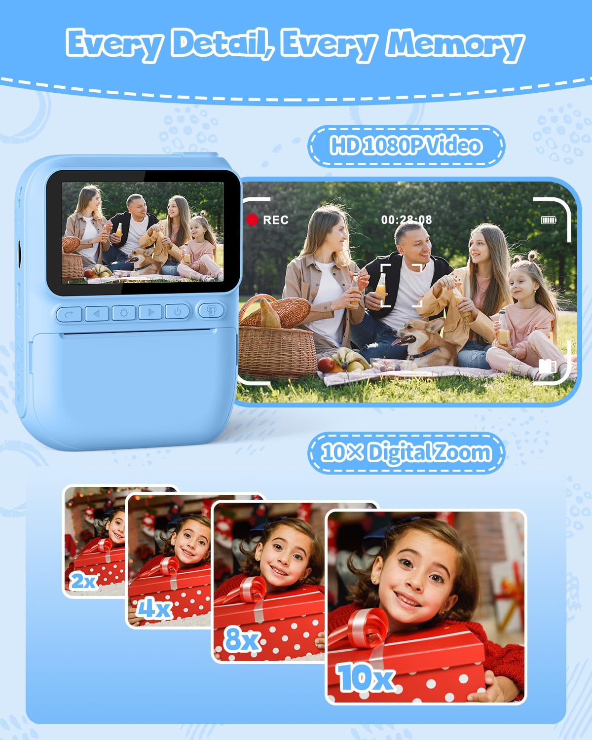 Kinderkamera Sofortbildkamera 3,0 Zoll 1080P Digitalkamera mit Druckerpapier & 32GB Karte für 3-10 Jahre Blau