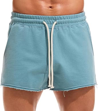 AMY COULEE Mens 3 inch Cotton Sweat Workout Shorts with Drawstring Pockets | Thin, Soft Terry Cloth, Cut Off, Raw Edge Hems, Mid Thigh, Running, Bodybuilding, Exercise, Lounge, Sleepl, Casual, Yoga