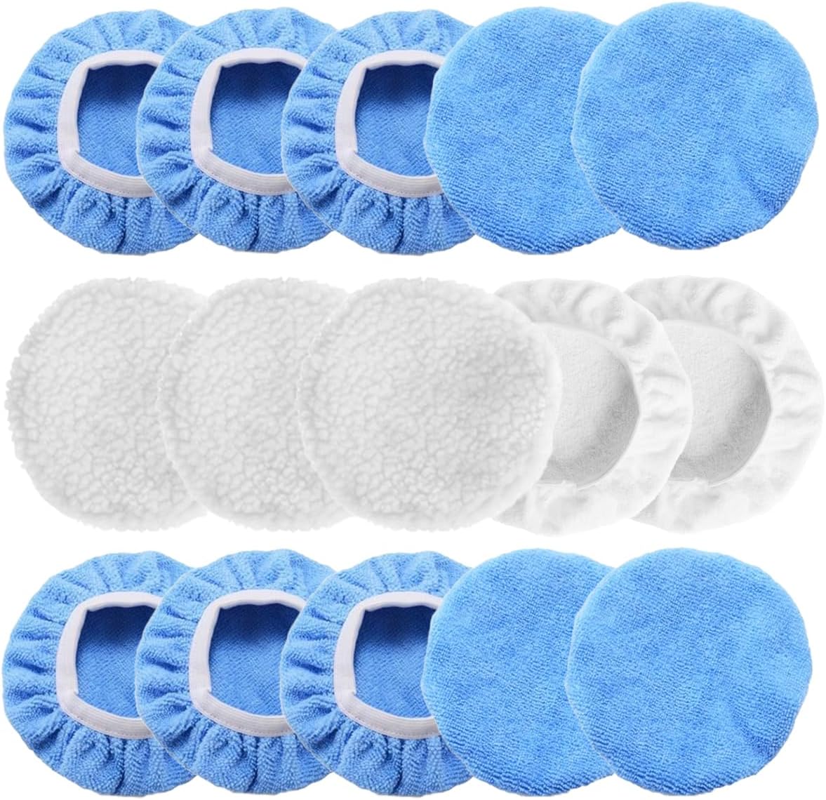 15PCS Car Polisher Pad Bonnet, 9 to 10 Inch Soft Polishing Bonnets Buffing Pads, Car Wax Cover Kit for Car Orbital Buffer Polisher, 10 Microfiber Bonnets + 5 Woollen Polishing Pad Covers (9-10 Inches)