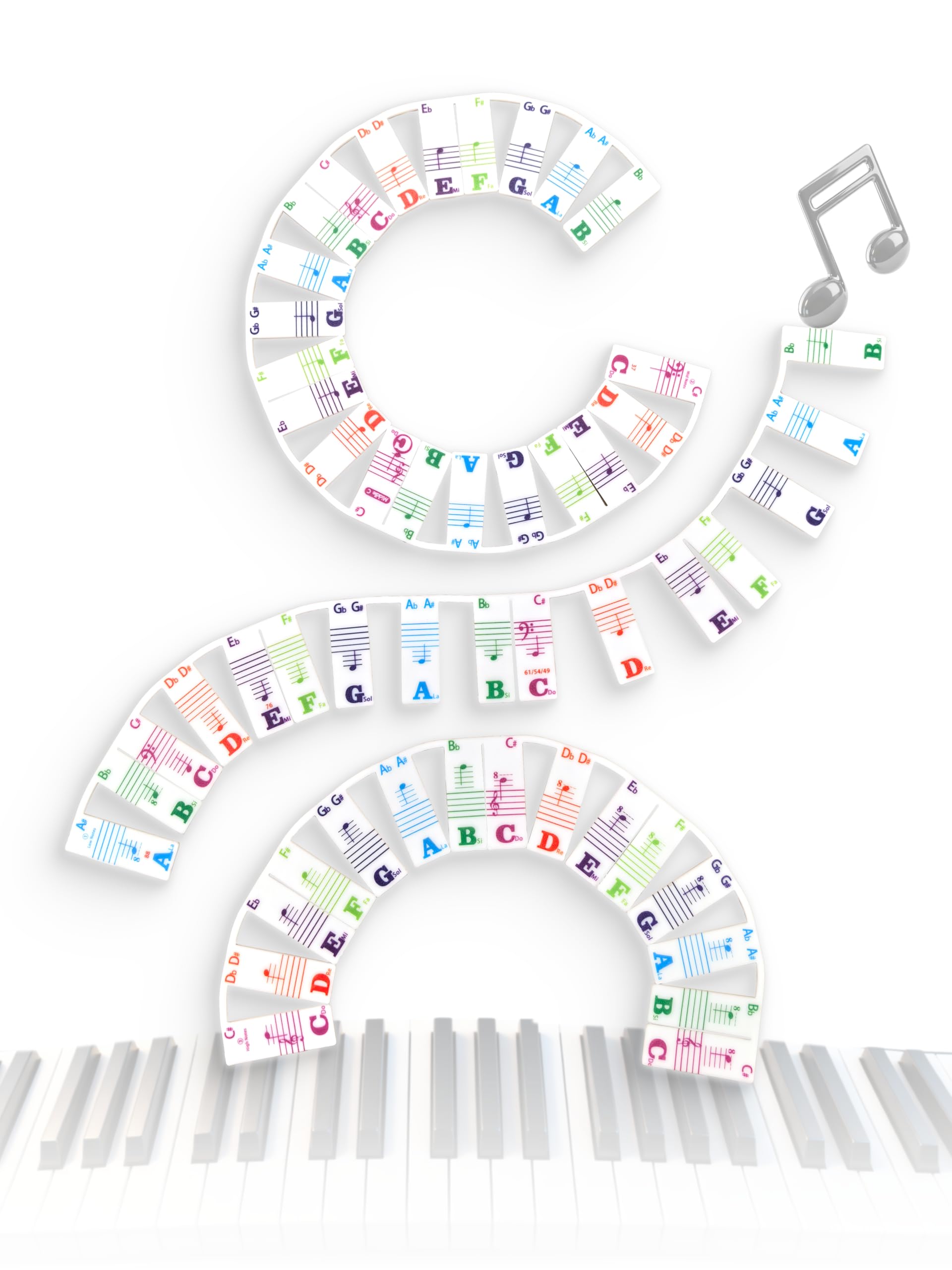 Silicone Piano Key Labels, Azymi Piano Note Guide 88-Key Full Size, Reusable Keyboard Notes Overlay Strips for Beginners with Multi-Color Large Bold Letter