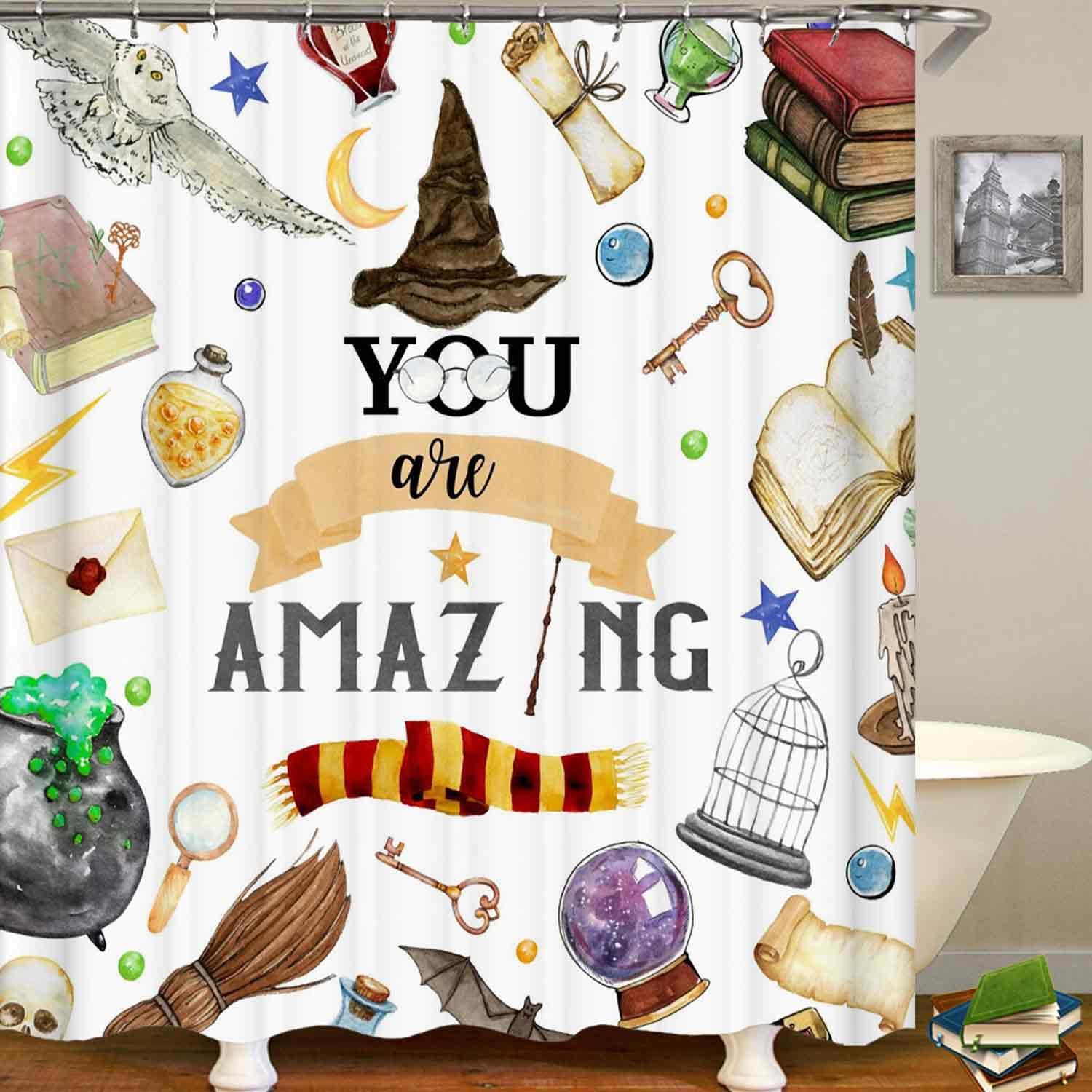 4PCS Witch Shower Curtain Sets With Rugs, Kids Shower Curtain, Waterproof Fabric White Shower Curtain, Witchy Witchcraft Magic Book Mysterious Wizard Hat Broom Owl Bat Teen Boys Bathroom Decor