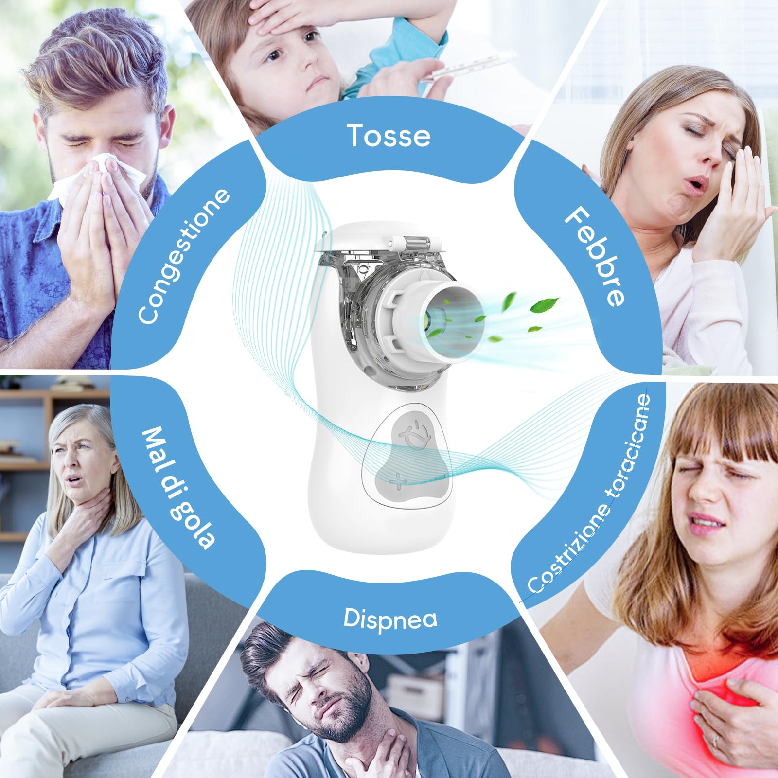 FEELLIFE Aerosol Portatile Silenzioso 3 Modalità Nebulizzazione Regolabili, Ricaricabile Aerosol per Bambini e Adulti con 2 Maschere e Boccaglio, Aerosol Portatile per Viaggi e Uso Domestico-Blu