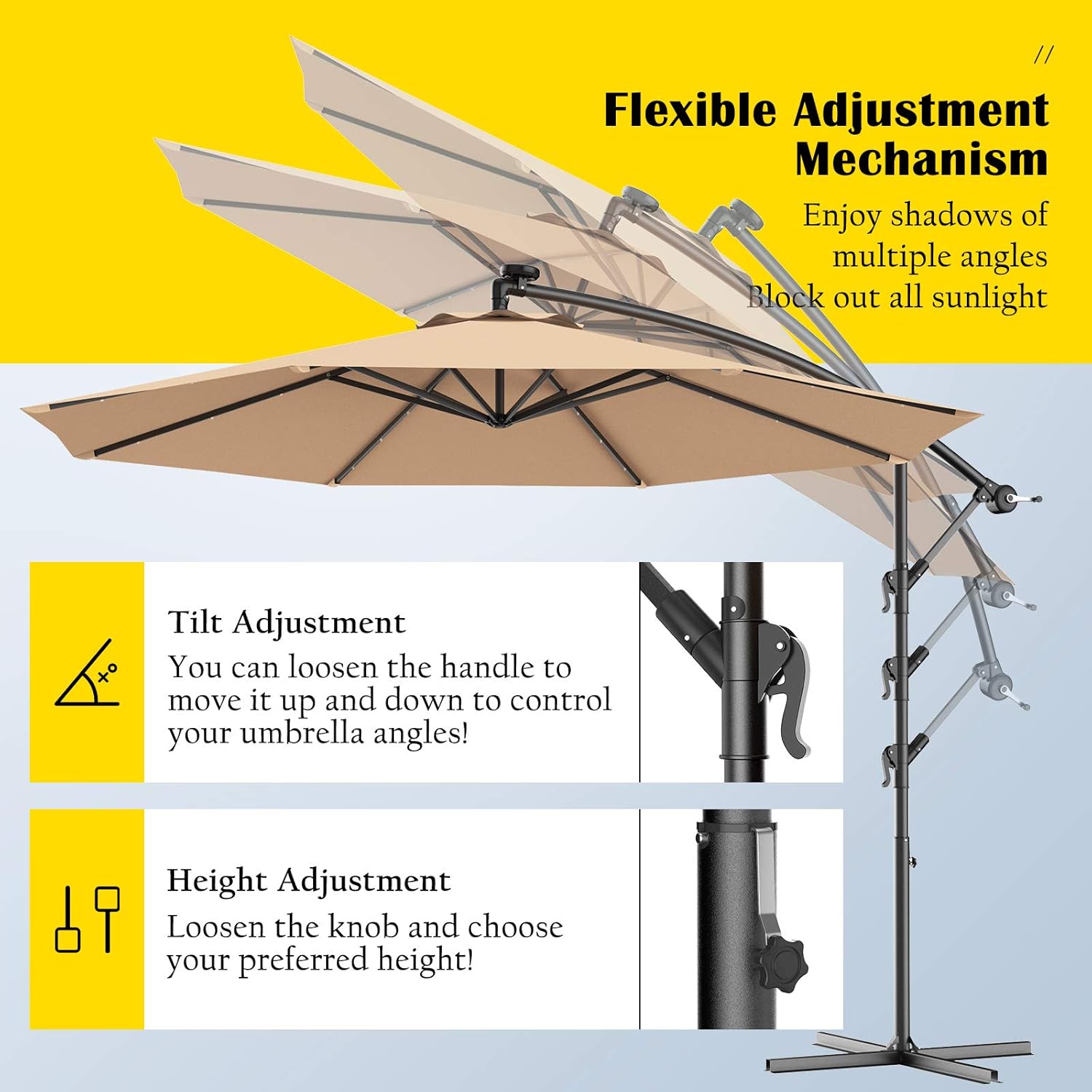 Image showing the assembly of the cross base for the patio umbrella, with two metal bars being connected and secured.