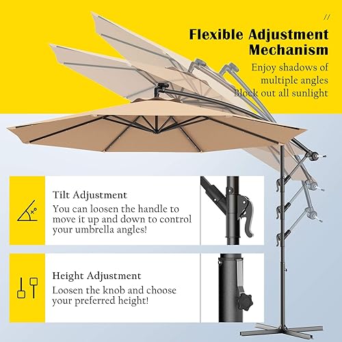 Miniatura 3 de Tangkula Sombrilla solar de 10 pies para patio al aire libre con luz LED, sombrilla de mercado con cubierta colgante y base cruzada (beige)