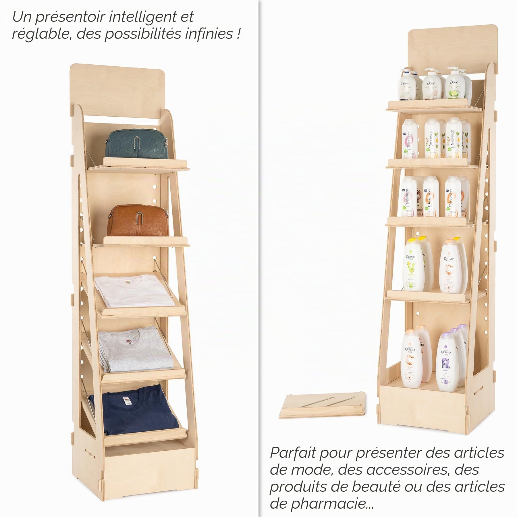 Présentoir en Bois, sur Pied, Réglable, Inclinaison et Hauteur d'étagère Variables, Présentoirs pour Magasins, épiceries, Pharmacies, Papeterie, Quincaillerie, Bibliothèques