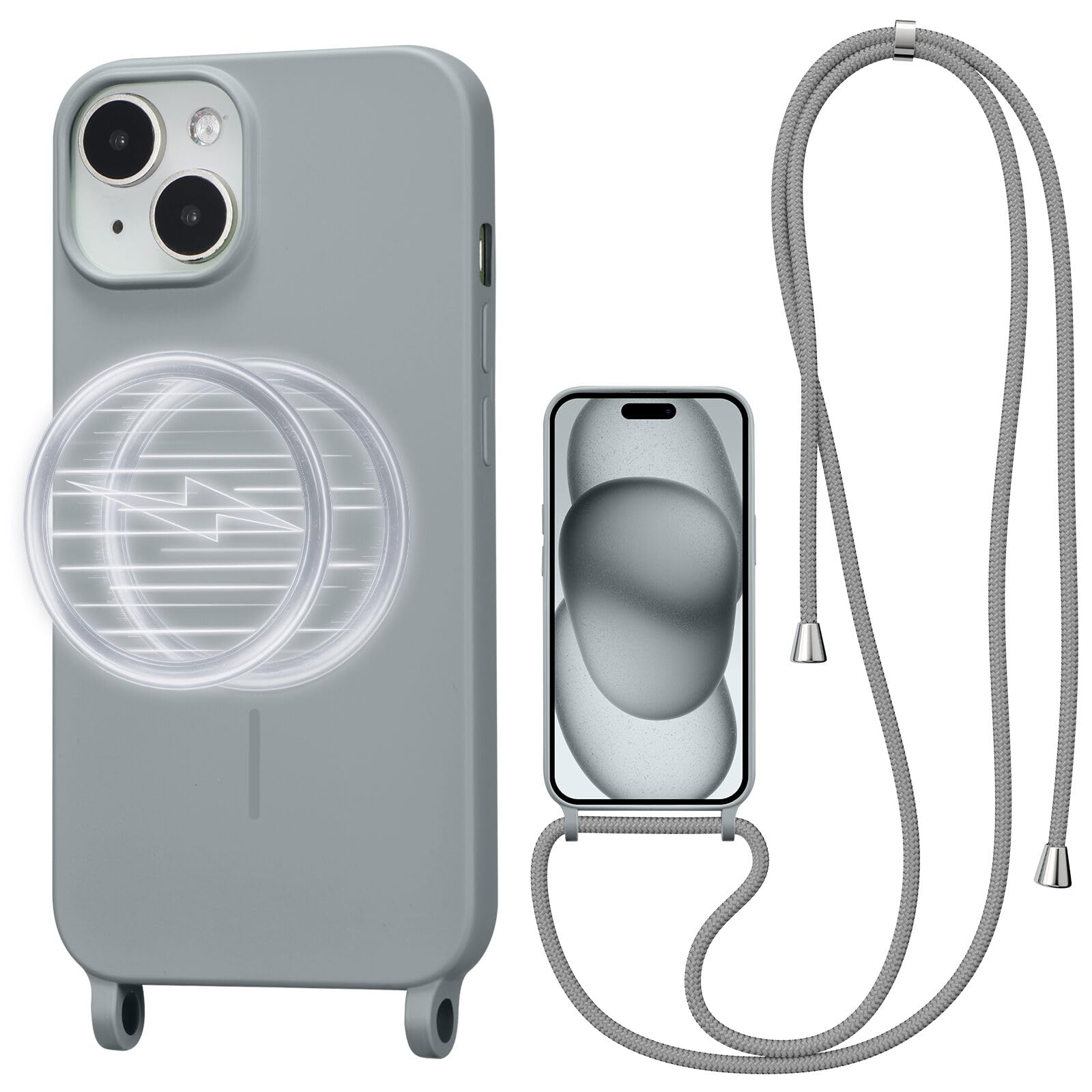 Magnetic Crossbody Case for iPhone 15 6 1 Liquid Silicone Case with Adjustable Shoulder Neck Lanyard Strap Compatible