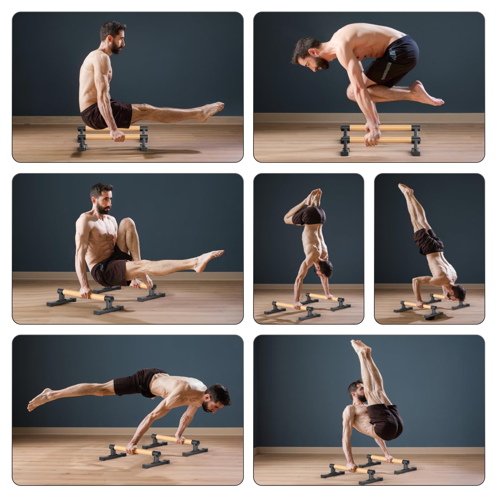 Parallettes avec Poignées Hybrides en Bois, Barres de Parallettes pour Débutants à Avancés, Barres de Fitness Solides pour Pompes, Dips et Stabilité du Core, Équipement Portable pour Salle de Sport