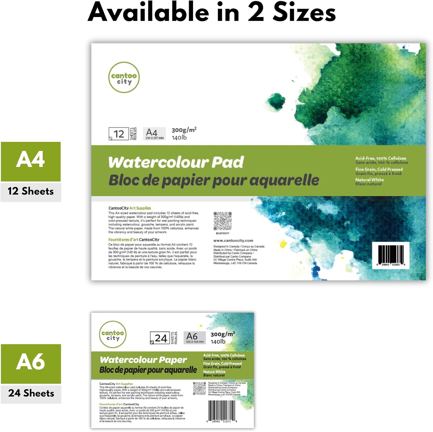 Cantoo City Watercolor Paper Pad A4-300gsm, Acid-Free, Cold Pressed, Fine Grain, 12 Sheets