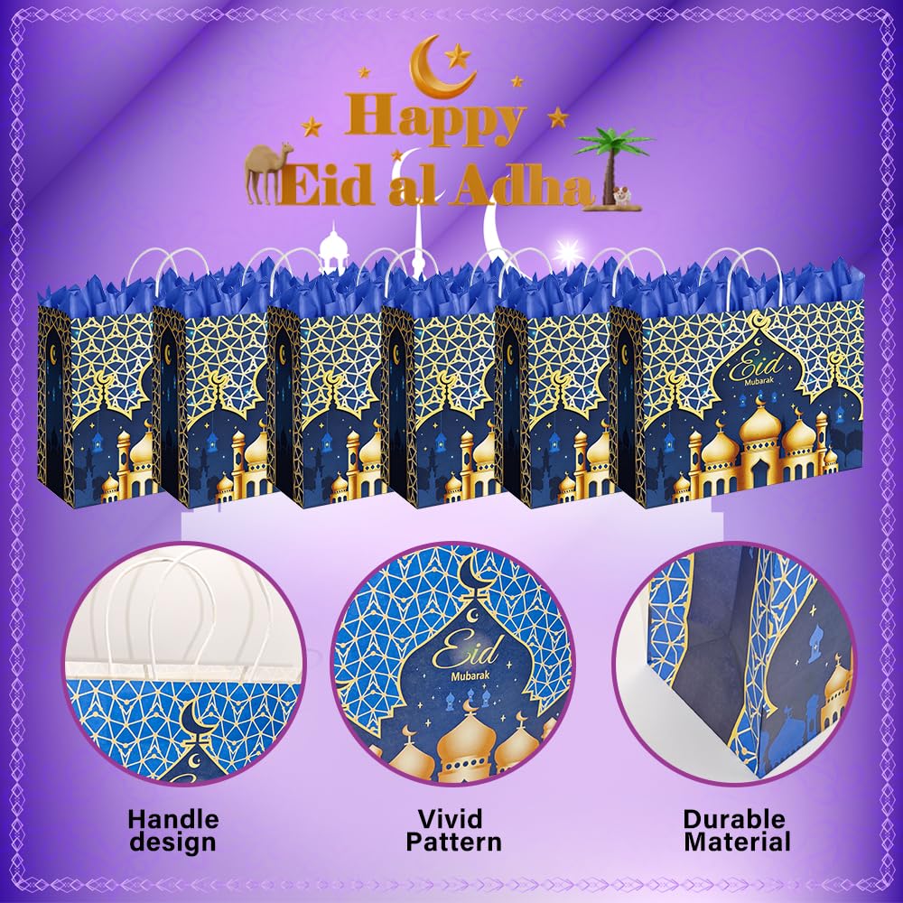 CMSSHUAI 12 Pcs Eid Mubarak Gift Bags with Handles 12.8 x 10.4 x 4.4 Inch Large Ramadan Tote Bags Eid Mubarak Paper Treat Goodie for Gifts Wrapping Ramadan Party Supplies