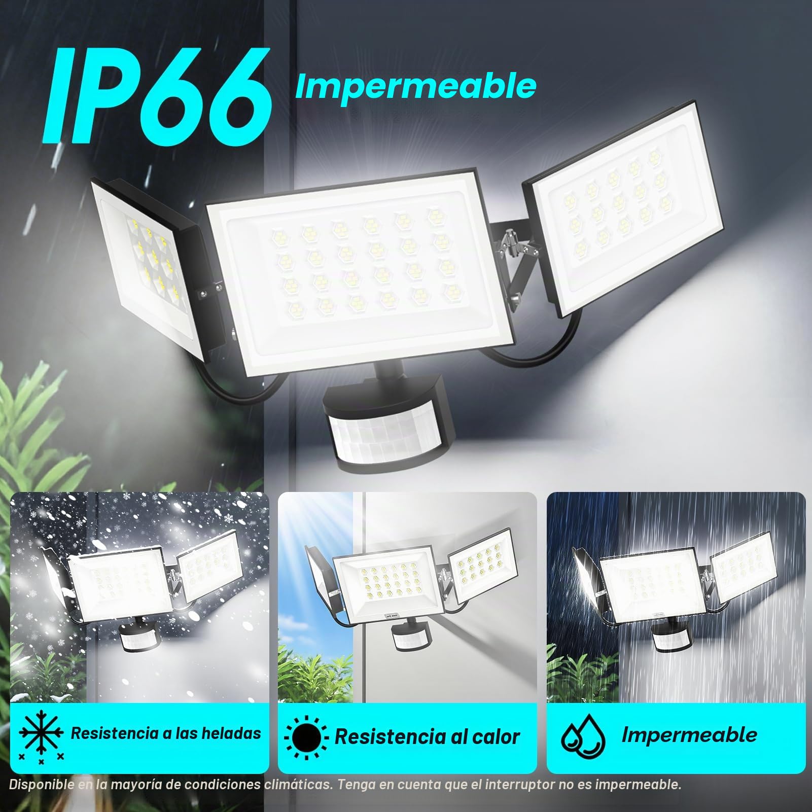 Viugreum Foco LED 200W con Detector de Movimiento, Foco LED Exteriores de 20000LM con Mando a Distancia, Focos de Tres Cabezales de 6500K para Exteriores, IP66 Resistente al Agua Garaje, Patio