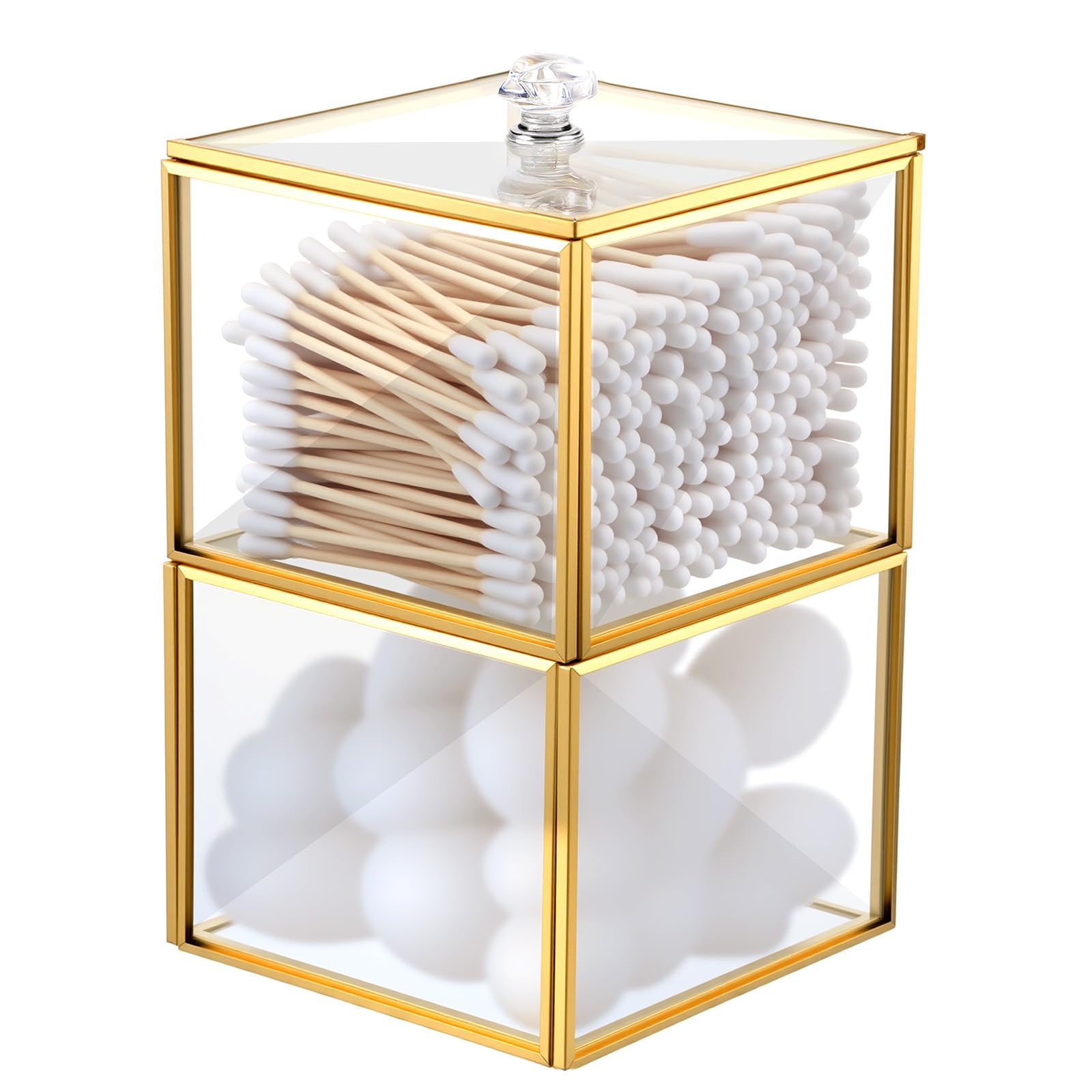 Glass Qtip Holder with Lid, 2-Tier Stackable Bathroom Organizer for Cotton Balls & Swabs, Elegant Vanity Storage Jar (3.94