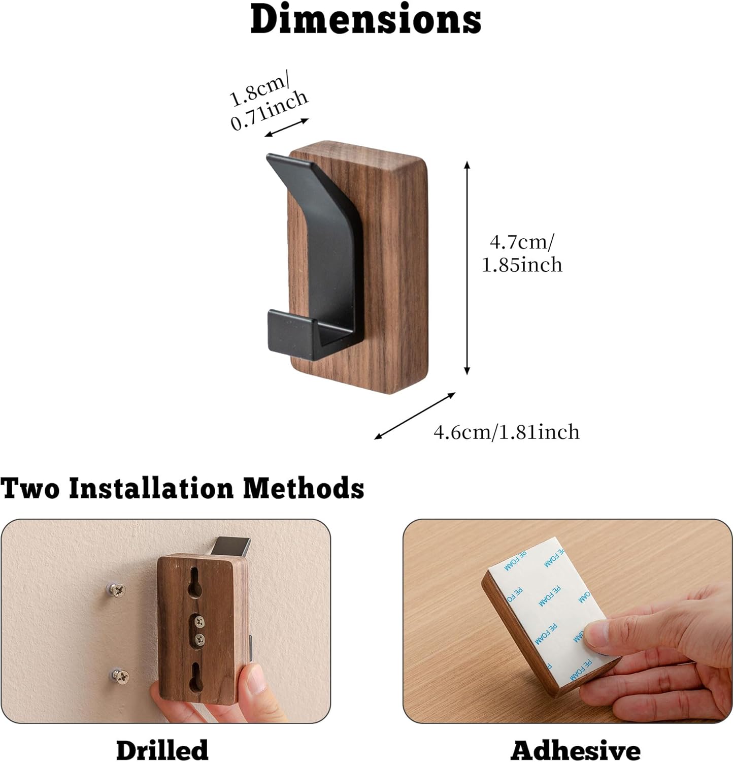 4-Pack Wood Wall Hooks - Wall Mounted or Adhesive Coat Rack for Entryway, Mudroom, Bathroom - Farmhouse Decorative Hangers for Towels, Hats, Keys, Purses, Bags, and Robes - Image 6