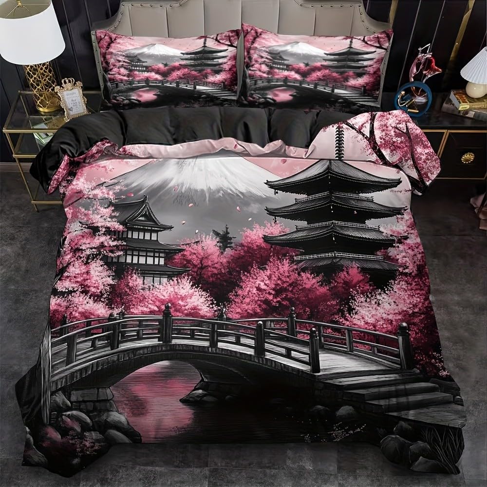 Housse de Couette 220x240 Rose Sakura Parure de Lit 2 Personnes Style Japonais Microfibre TR7