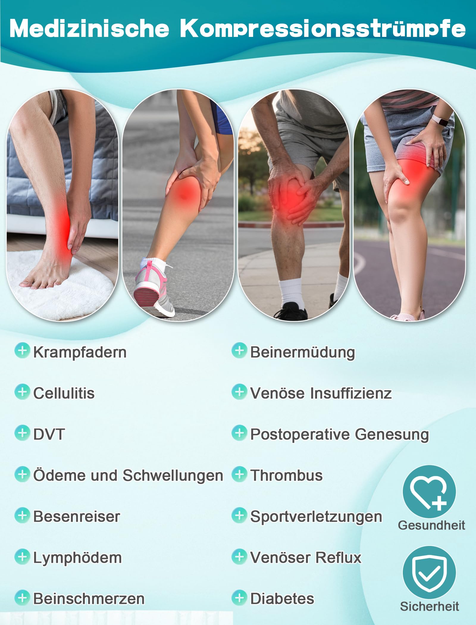 Lot de 2 paires de bas de compression médicaux de 20 à 30 mmHg pour homme et femme classe 2 - Bas de contention longs - Bout ouvert - Avec bande en silicone - Pour varices, œdèmes, vol