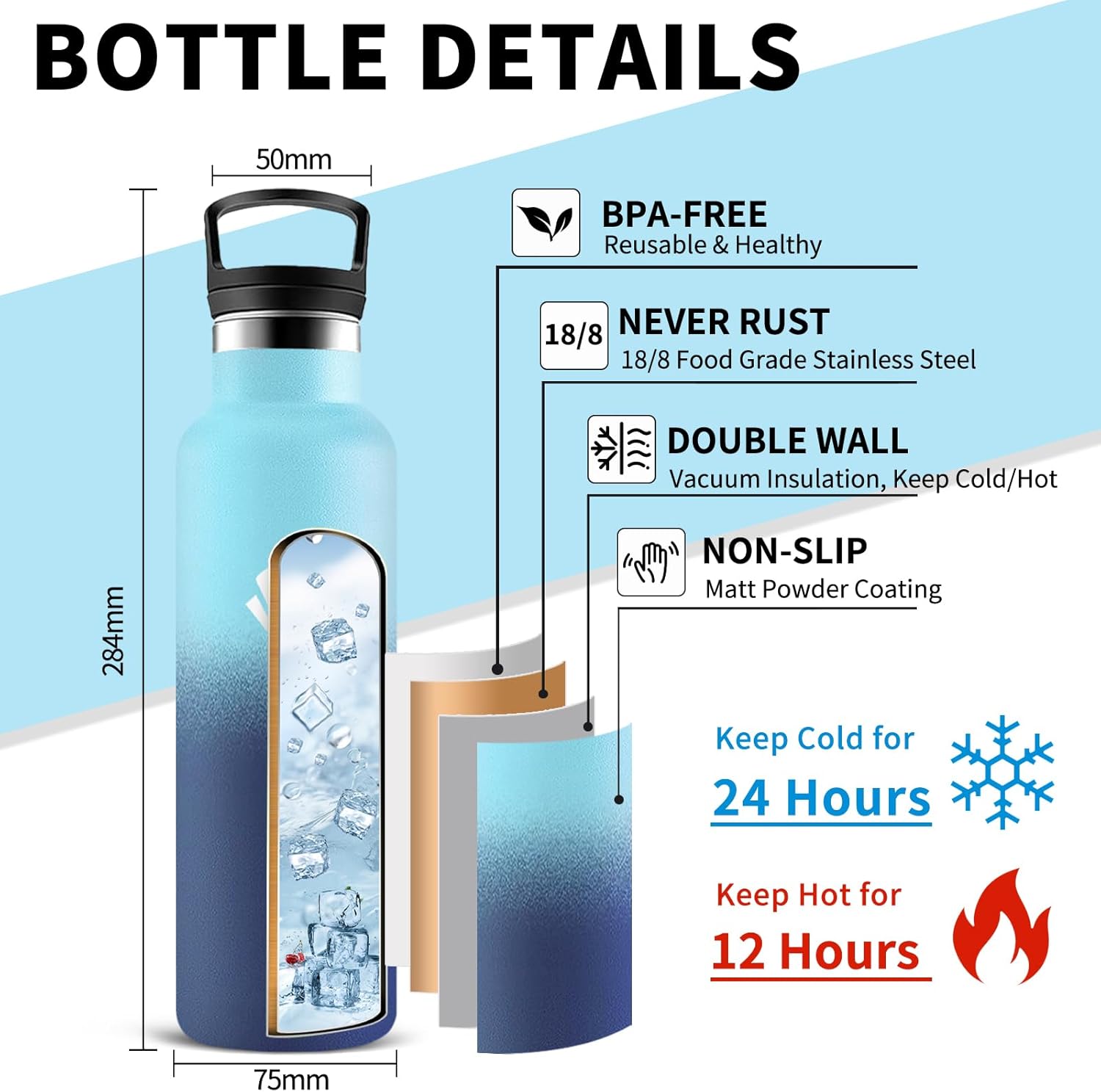 Thermos Flask, Water Bottle, 750 ml, BPA-Free, Drinking Bottle with Straw, 24 Hours Cold & 12 Hours Warm, Leak-Proof, Adult Water Bottle for Hiking, Fitness, Yoga, Camping