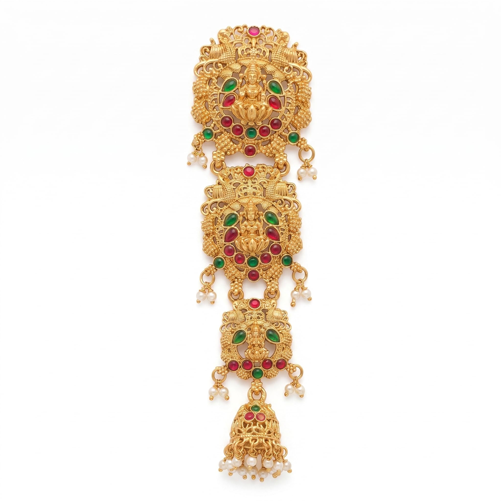 diksha collection South Indian Temple Lakshmi Hair Ornament | Gold-Plated Bridal Juda Brooch with Ruby Green Stone & Pearl Drops | Ethnic Wedding Hair Accessory for Women-picture-24