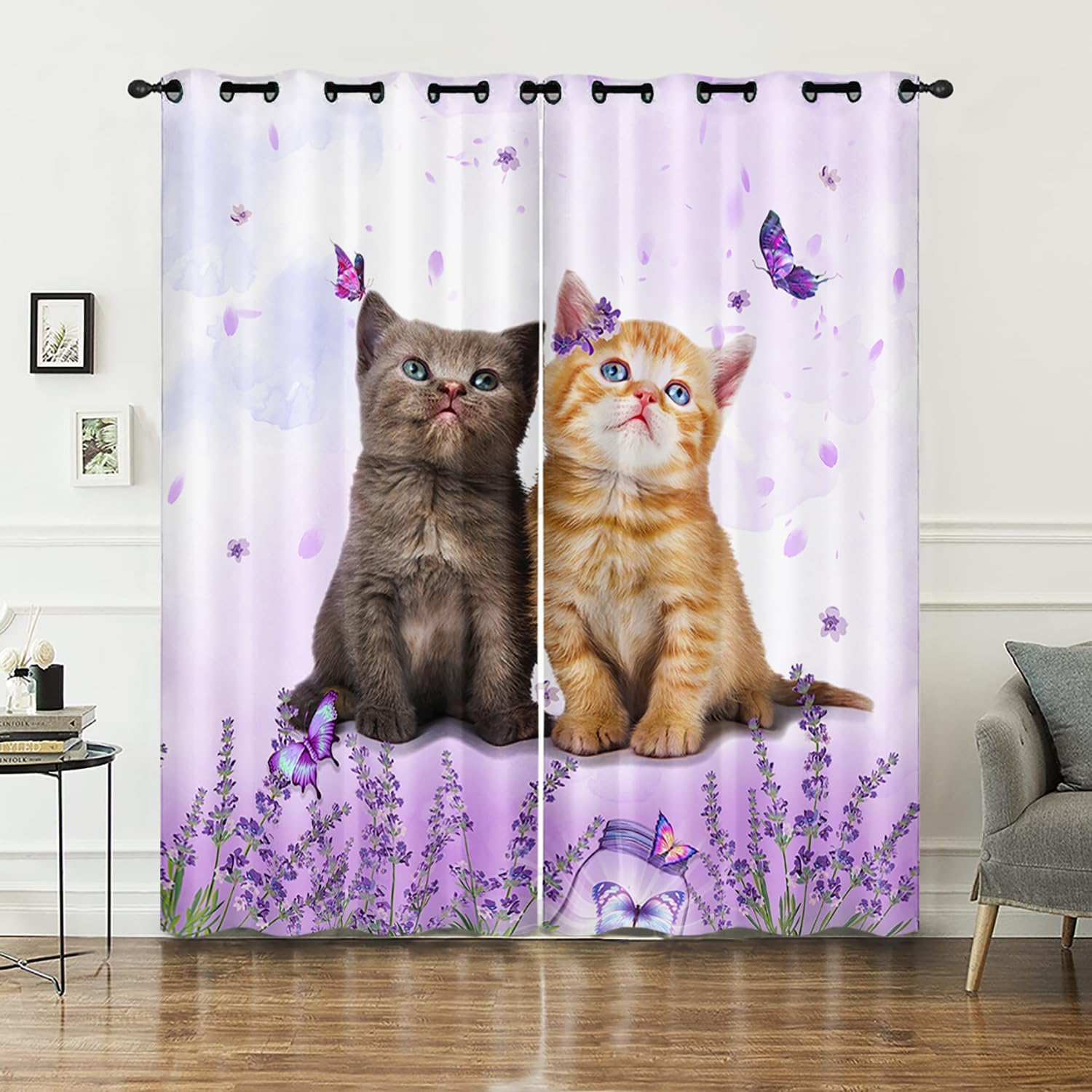 AILONEN Cartoon Cat Window Curtains Drapes, Kawaii Kittens with Purple Flower Curtain Tiers for Kids Girls Boys,Cute Pet Cat Lover Window Treatment for Bedroom, 52" W x 63" H 2 Panels