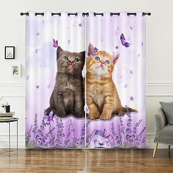 AILONEN Cartoon Cat Window Curtains Drapes, Kawaii Kittens with Purple Flower Curtain Tiers for Kids Girls Boys,Cute Pet Cat Lover Window Treatment for Bedroom, 38" W x 45" H 2 Panels