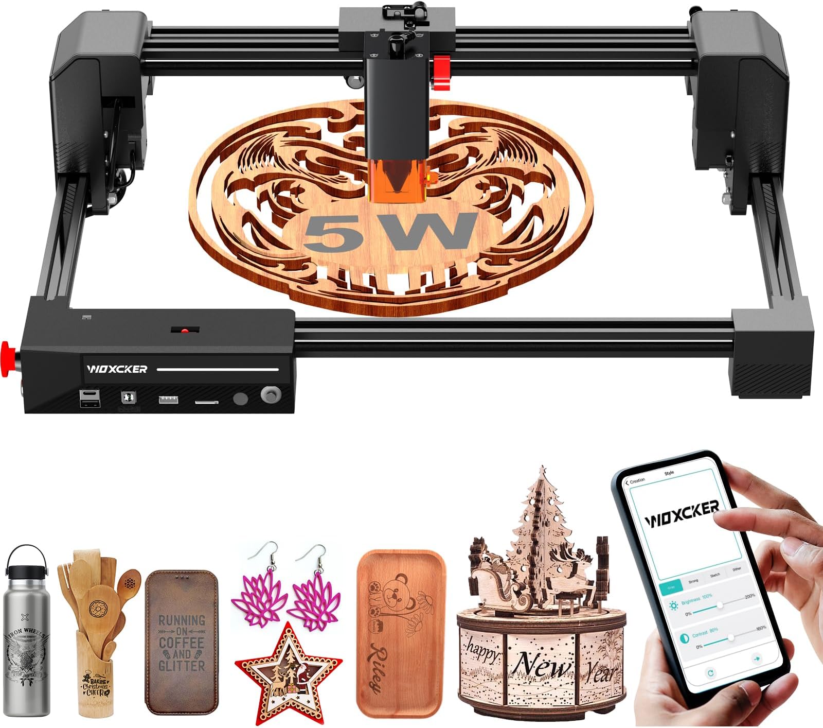 Laser Engraving Machine, Woxcker L2 5.5W Laser Engraver, 300x300mm BigBed Size CNC Engraving Machine 0.01mm High Precision 6 Major Protection for Wood Stainless Steel Glass Acrylic Coated Metal