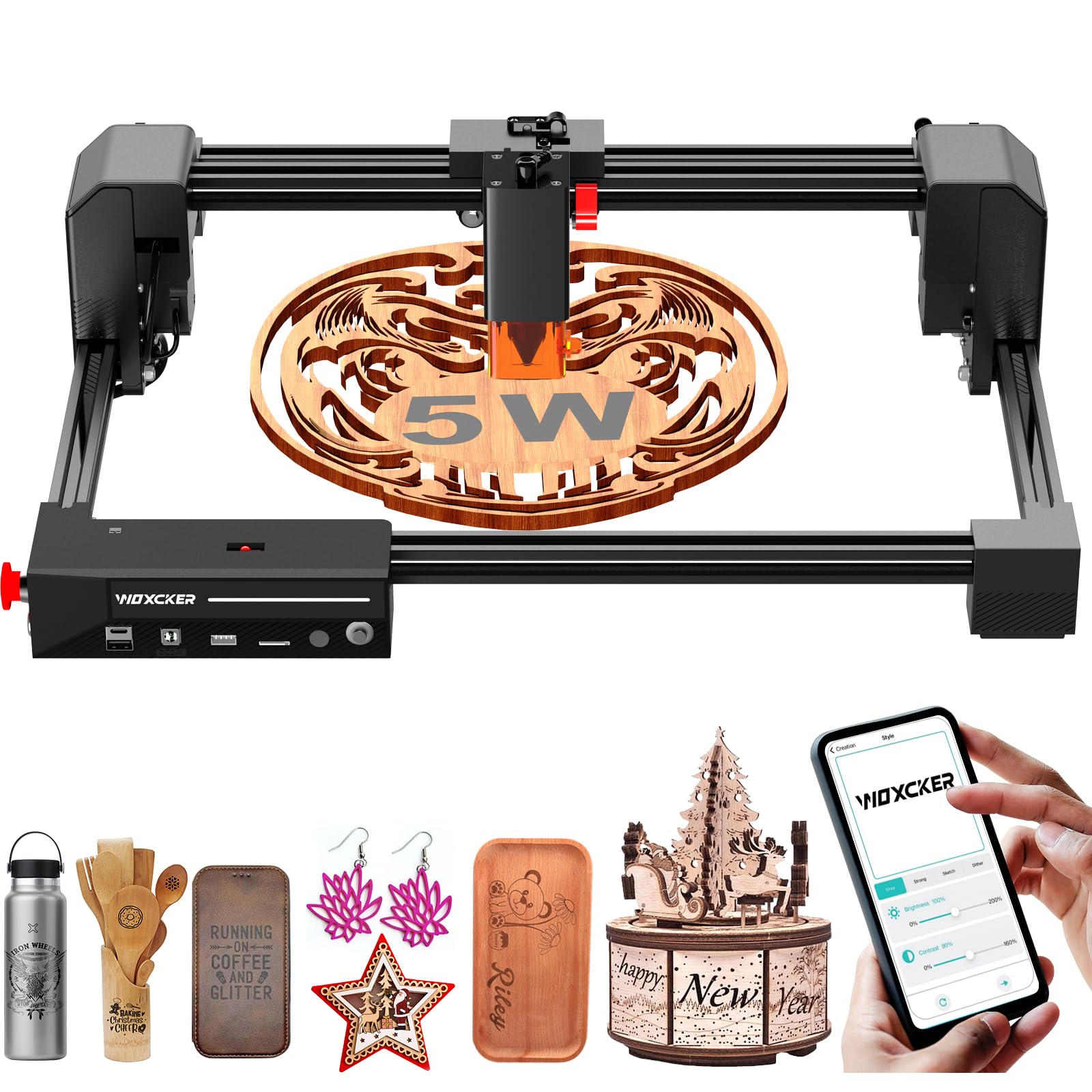 Laser Engraving Machine, Woxcker L2 5.5W Laser Engraver, 300x300mm BigBed Size CNC Engraving Machine 0.01mm High Precision 6 Major Protection for Wood Stainless Steel Glass Acrylic Coated Metal