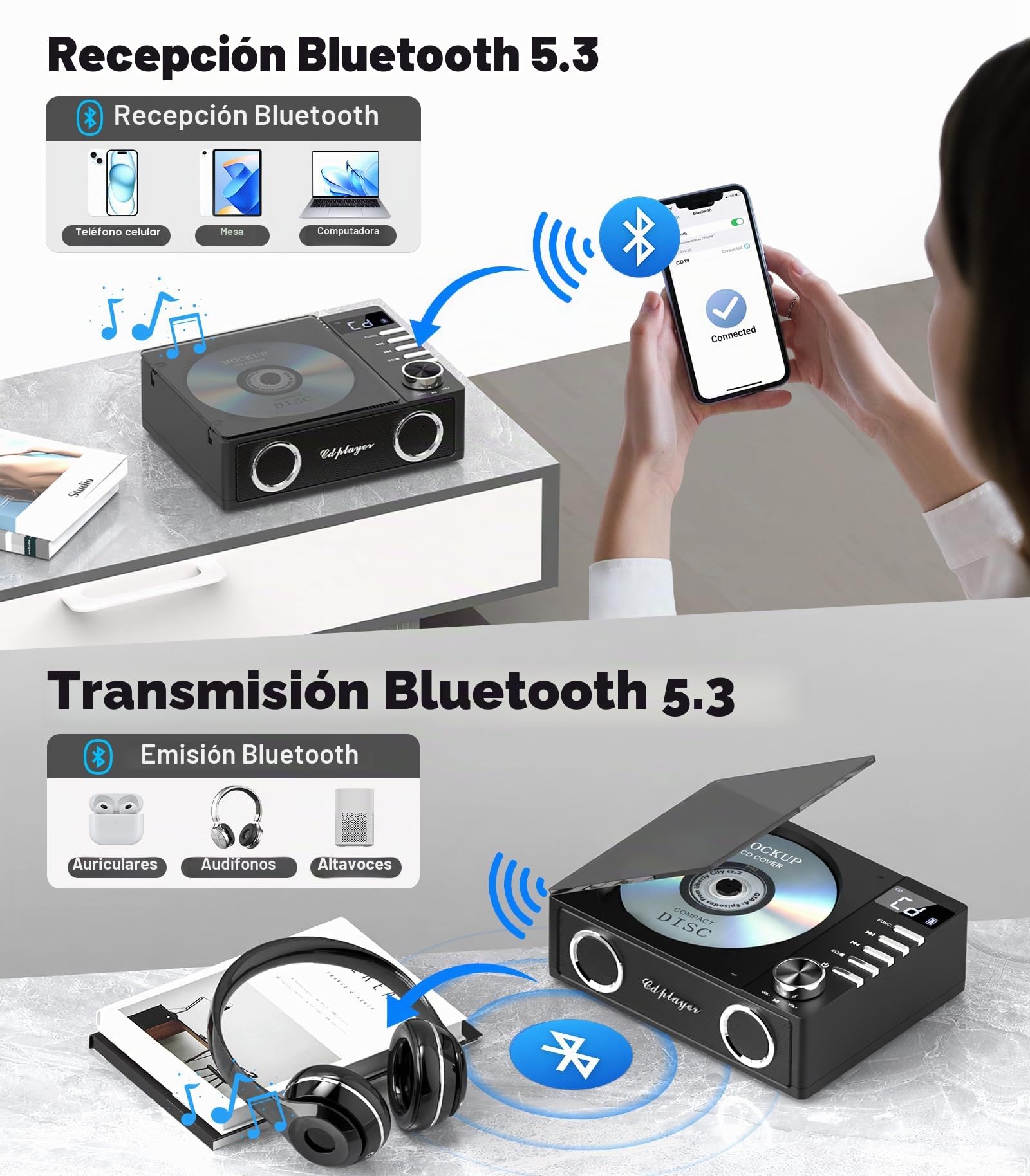 Greadio Reproductor de CD portátil Discman Reproductor de CD, protección antiskip 4 Sonidos EQ, Tarjeta TF/Salida AUX, pequeño Reproductor de música, Compatible con CD-R, CD-RW y MP3 para