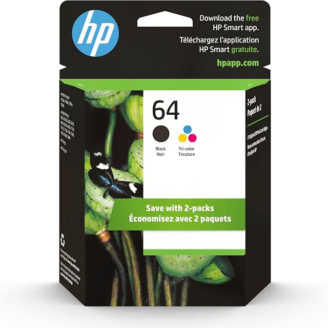 Cartouches d'encre noires/tri-couleurs HP 64 originales (paquet de 2) | Compatible avec les séries HP Envy Photo 6200, 7100, 7800 | Éligible pour Instant Ink | X4D92AN