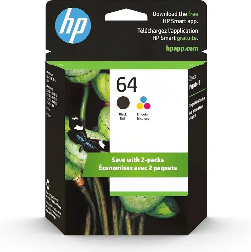 HP 64 Ink Cartridges — Black & Tri-Color Combo Pack