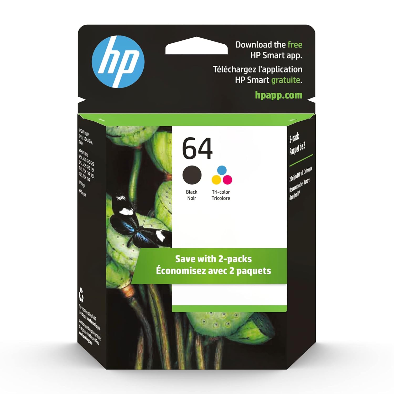 HP 64 Black Tri-Color Ink Cartridges Printers Combo Pack Works with Printer Series Inspire 7950e Envy Photo 6200