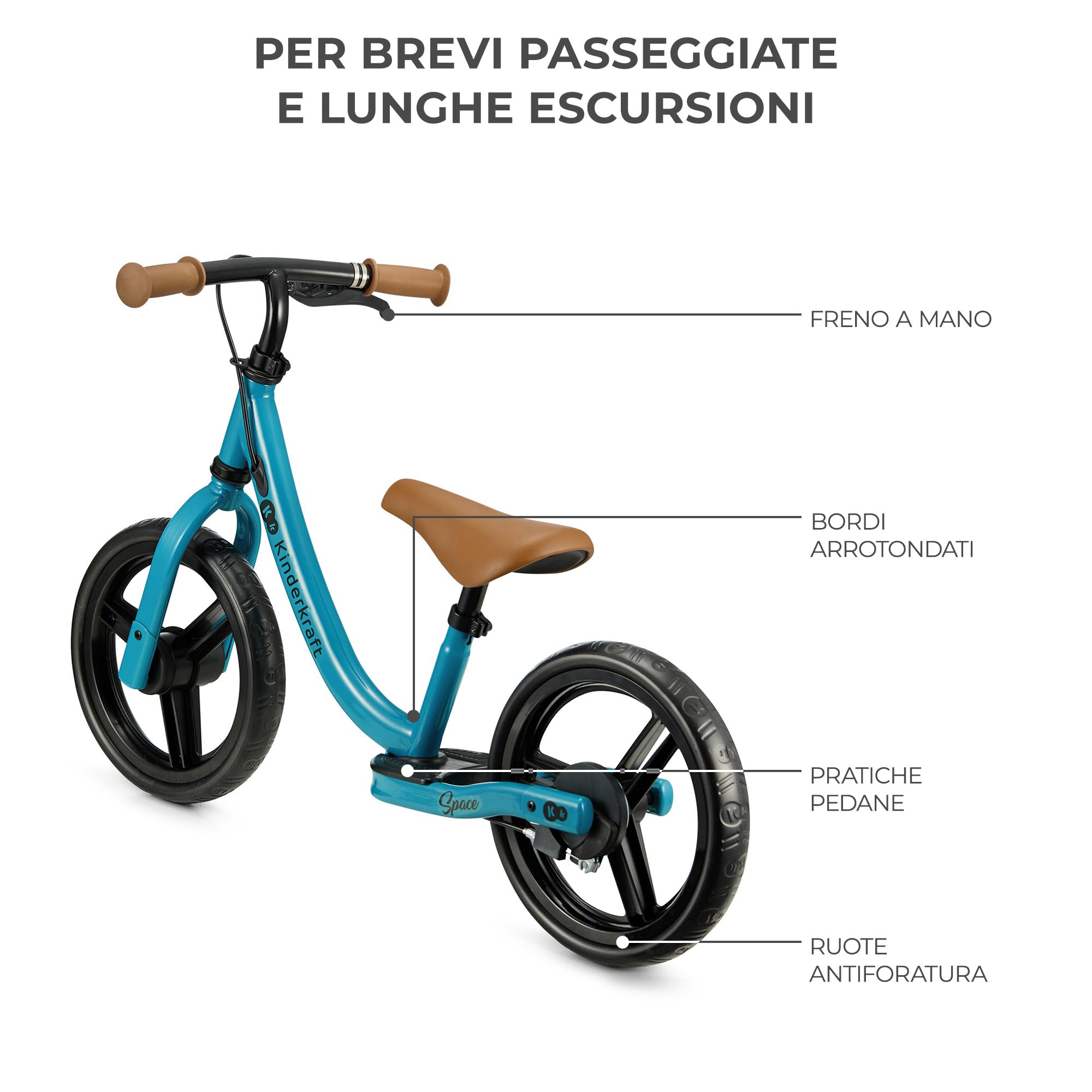 Kinderkraft SPACE2 Bicicletta bambini 3-5 anni, Bici senza pedali, 12 polici ruote, Design sportivo, Regolazione della sella, Montaggio facile, Struttura leggera