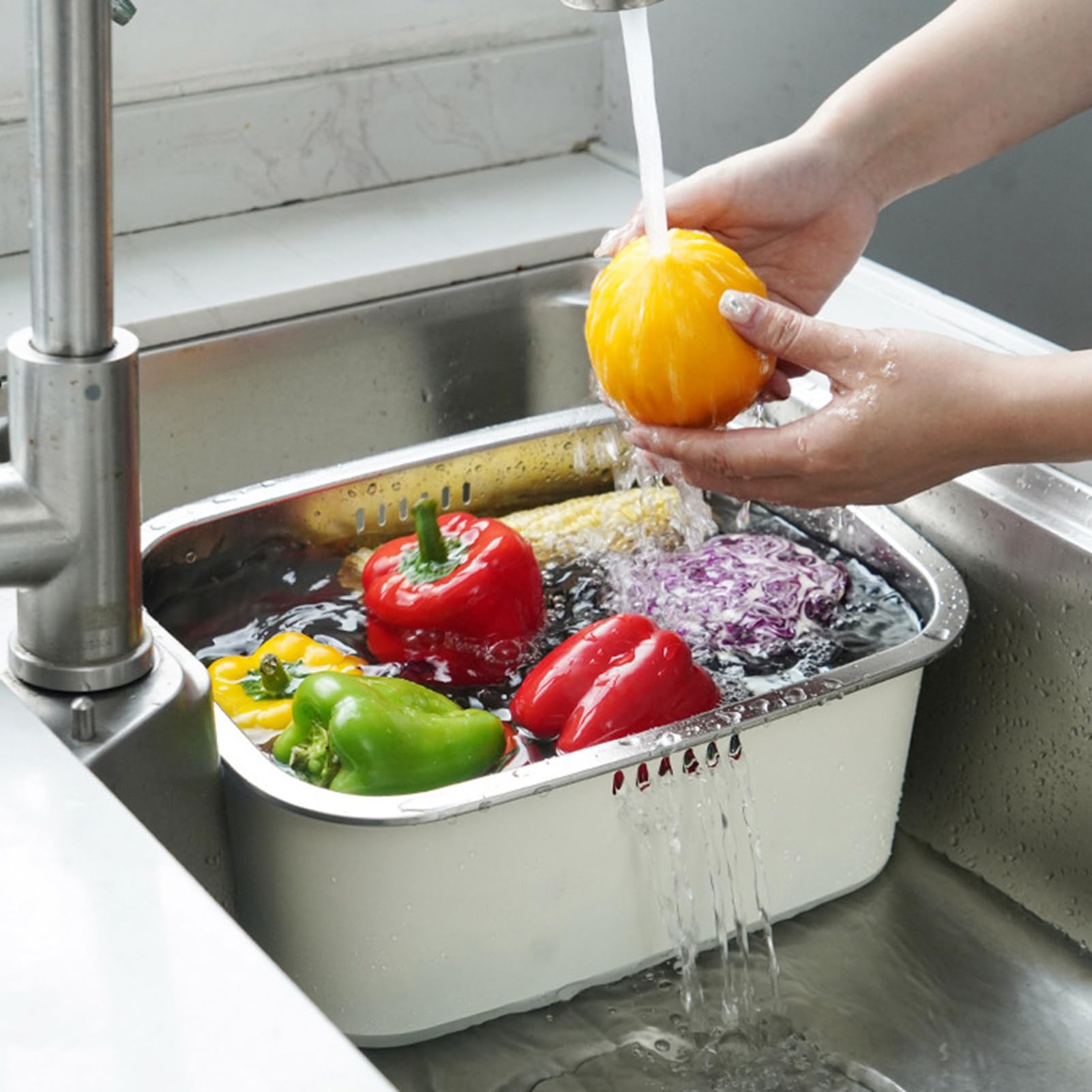 Yosoo Health Gear Spülschüssel aus Edelstahl 304, 7,5 L Spülbecken mit Abflusskorb, Spülbecken, Zum Gemüsewaschen in der Küche, Camping