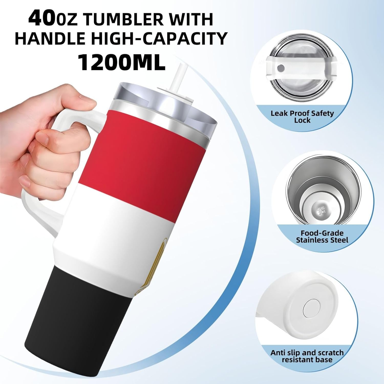 40 OZ Egyptian flag Print Ice Bully Cup with Handle Straw Lid Straw,Stainless Steel Tumbler Coffee Cup