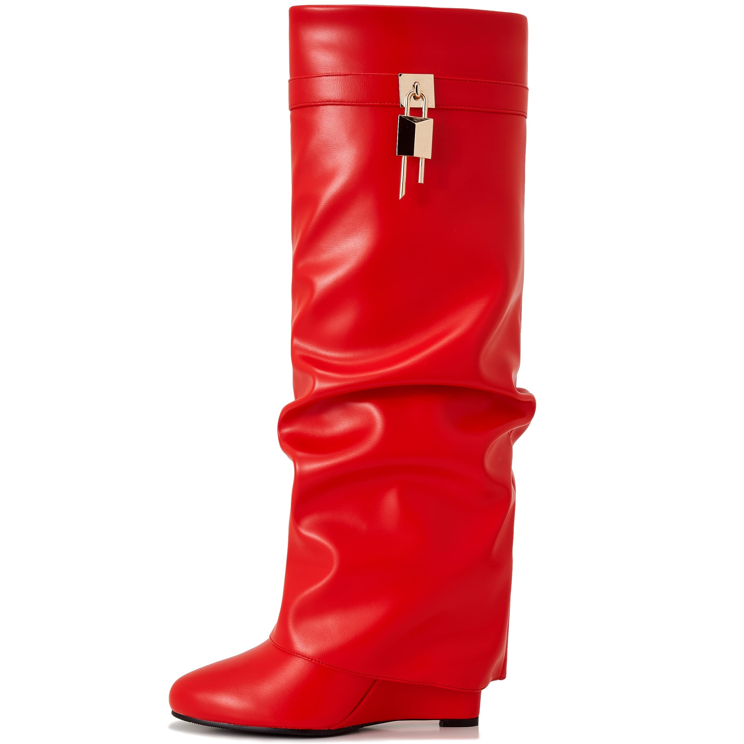 Women's Fold Over Knee High Shark Boots Wedge Heel Side Zipper