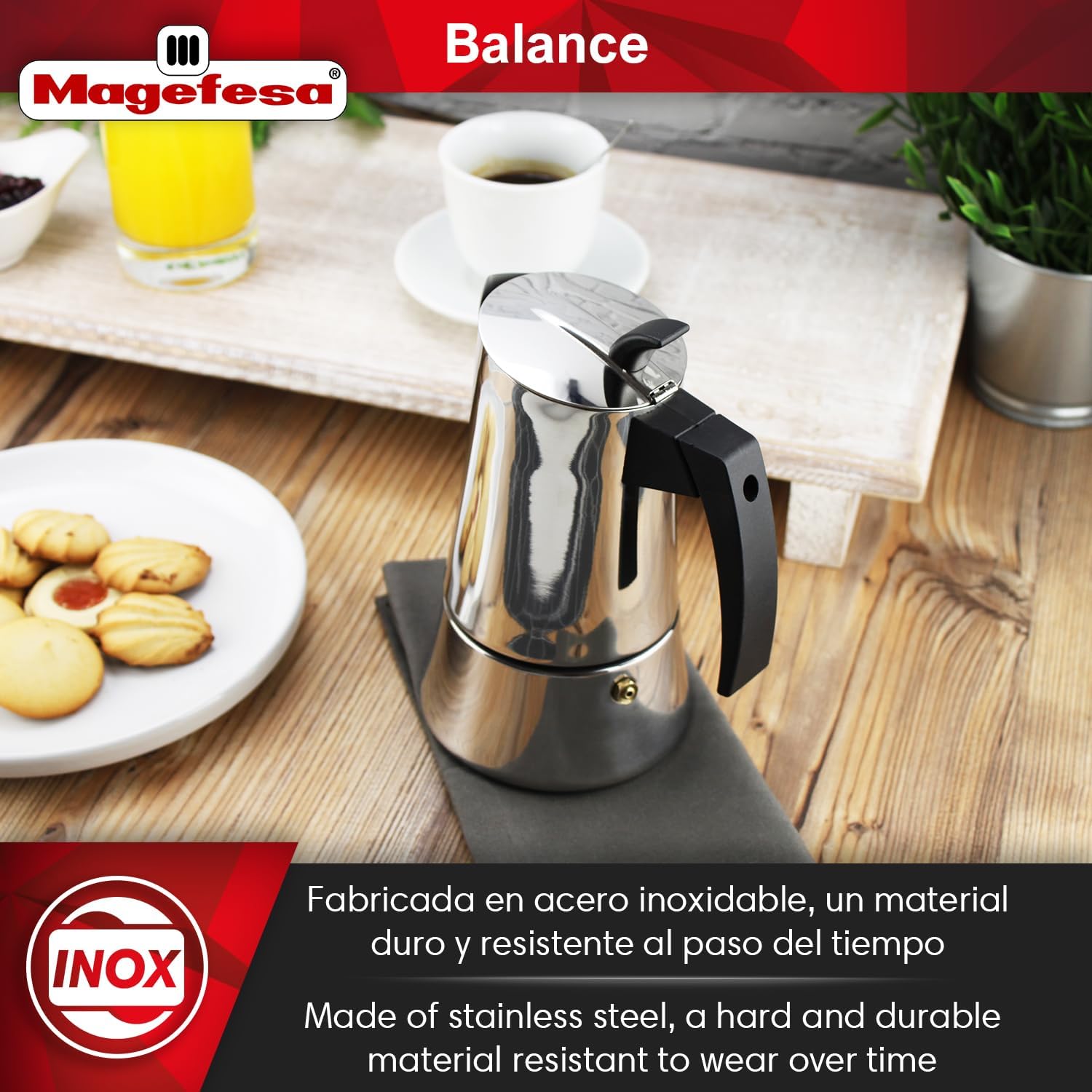 Magefesa Balance 6-Cup Stainless Steel Espresso Moka Pot – Classic Italian Coffee Maker with Bakelite Handle & Knob – Greca Coffee Maker Compatible with All Types of Stovetops including Induction