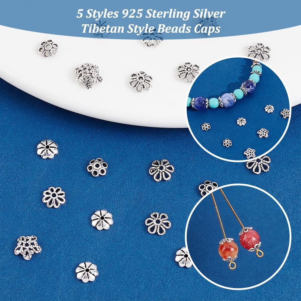 PH PandaHall 30pcs Tibetan Flower Bead Caps, 925 Sterling Silver Bead Caps Bead End Caps Antique Sliver Spacer Beads Caps Filigree End Charm Caps Bails for DIY Earring Braceket Necklace Jewelry Making
