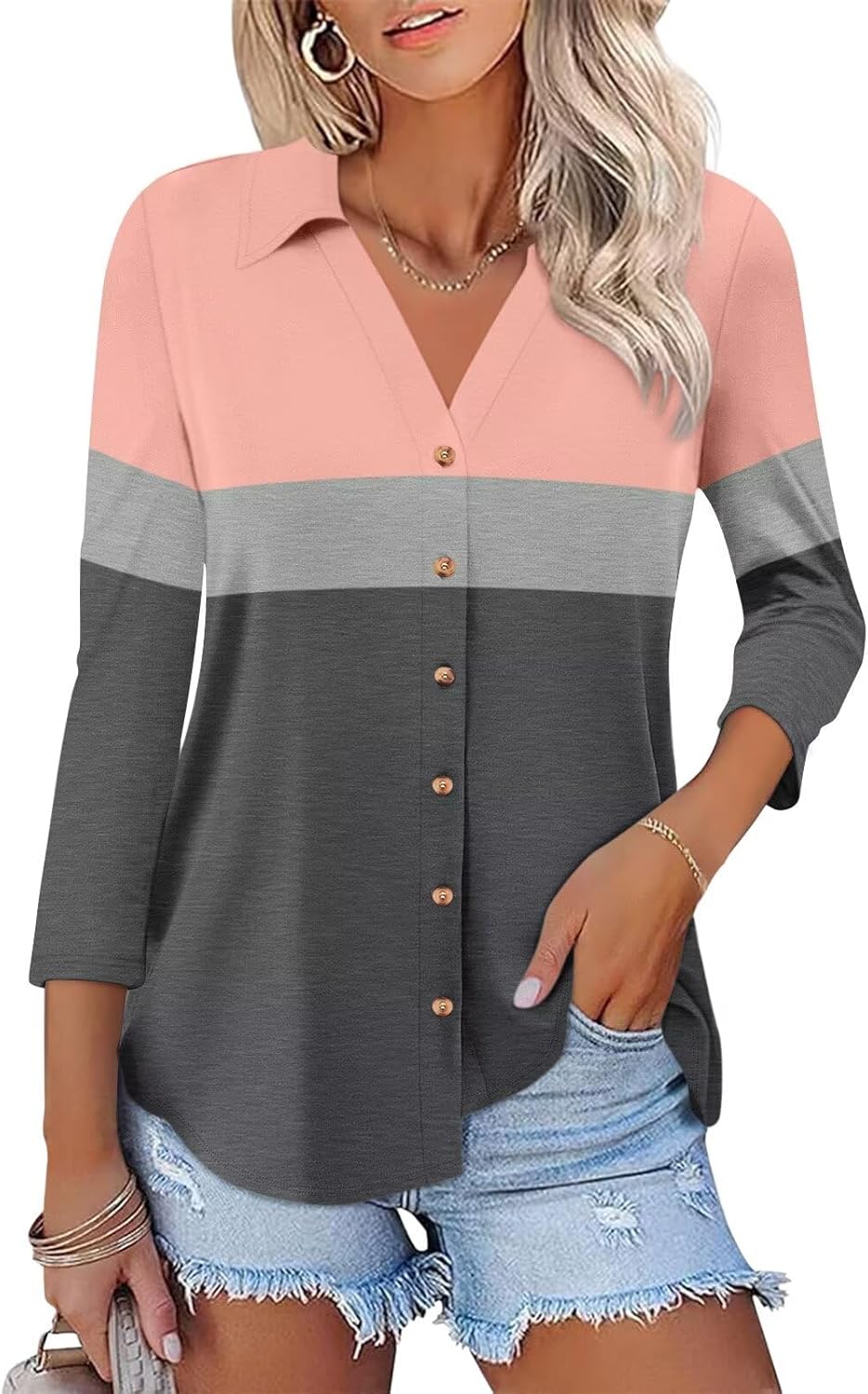ORANDESIGNE Women's Button Down Shirts 3/4 Length Sleeve Polo Collared Tops Business Casual Color Block Summer Tees