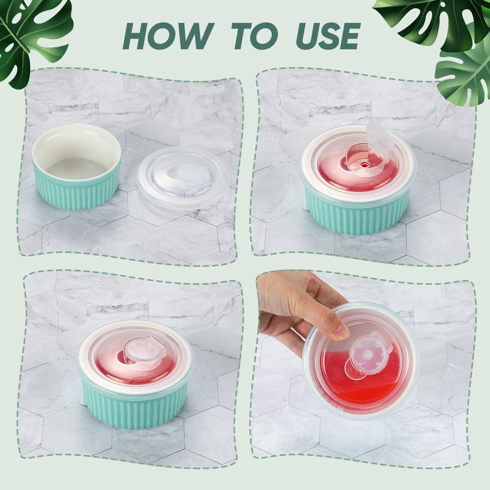 6 juegos de ramequines de porcelana con tapas, 8 onzas, aptos para horno, para crema, brulee, soufflé, con cubiertas, para horno, cuenco de cerámica apilable con tapa, platos para hornear (azul)