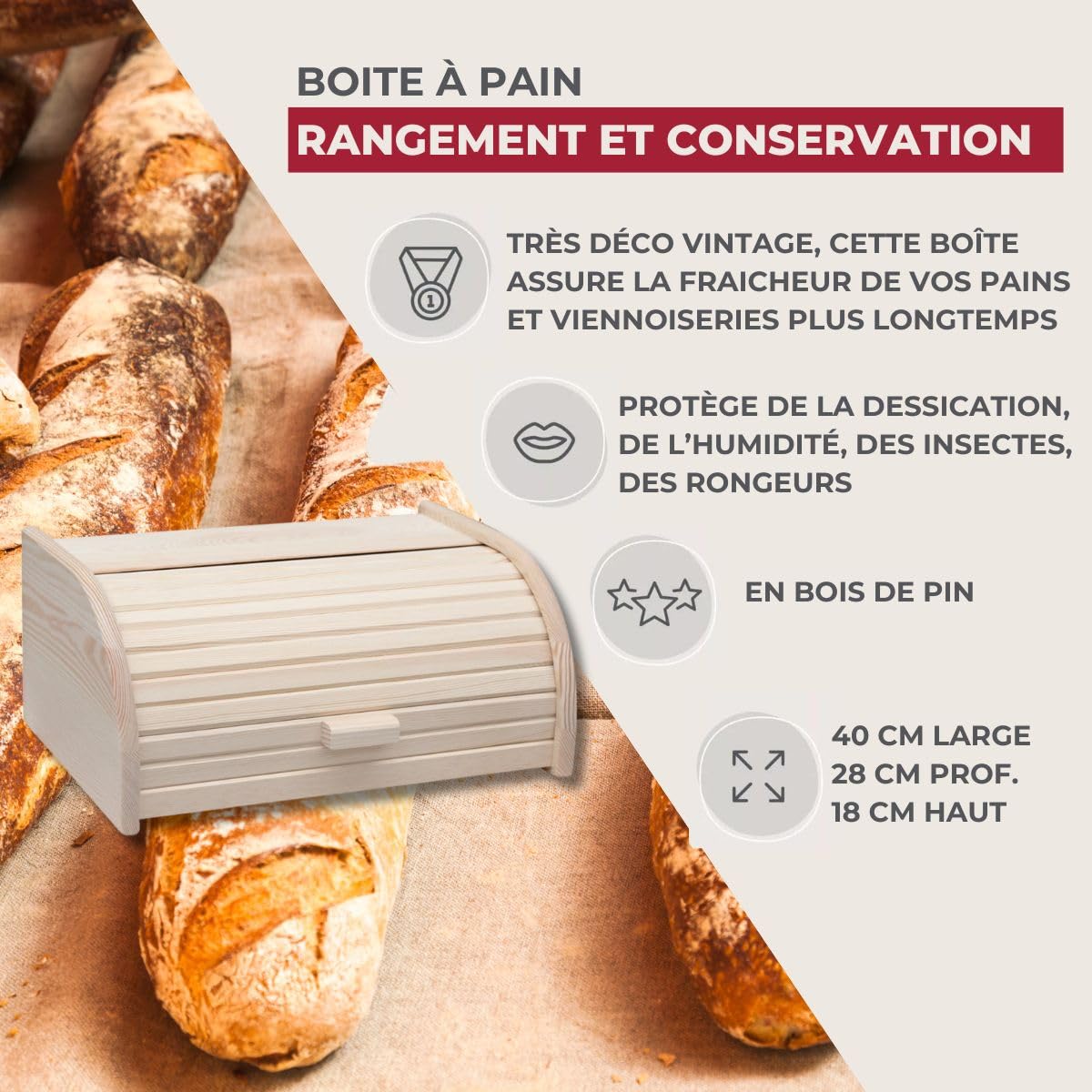 Boîte à pain en bois, 2 niveaux, boîte à pain naturelle, grande, avec fenêtre