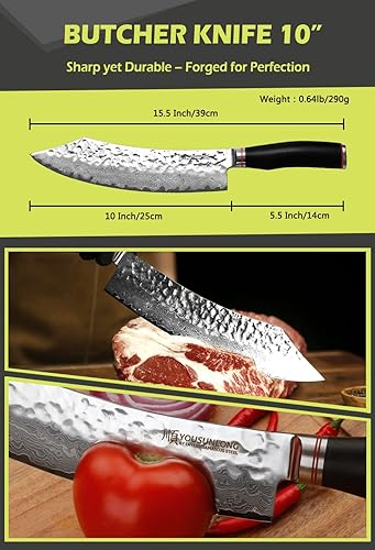 Miniatura 3 de YOUSUNLONG Cuchillo de carnicero Pro 10" Cimitar híbrido cuchillo japonés martillado acero Damasco mango de madera de plomo natural