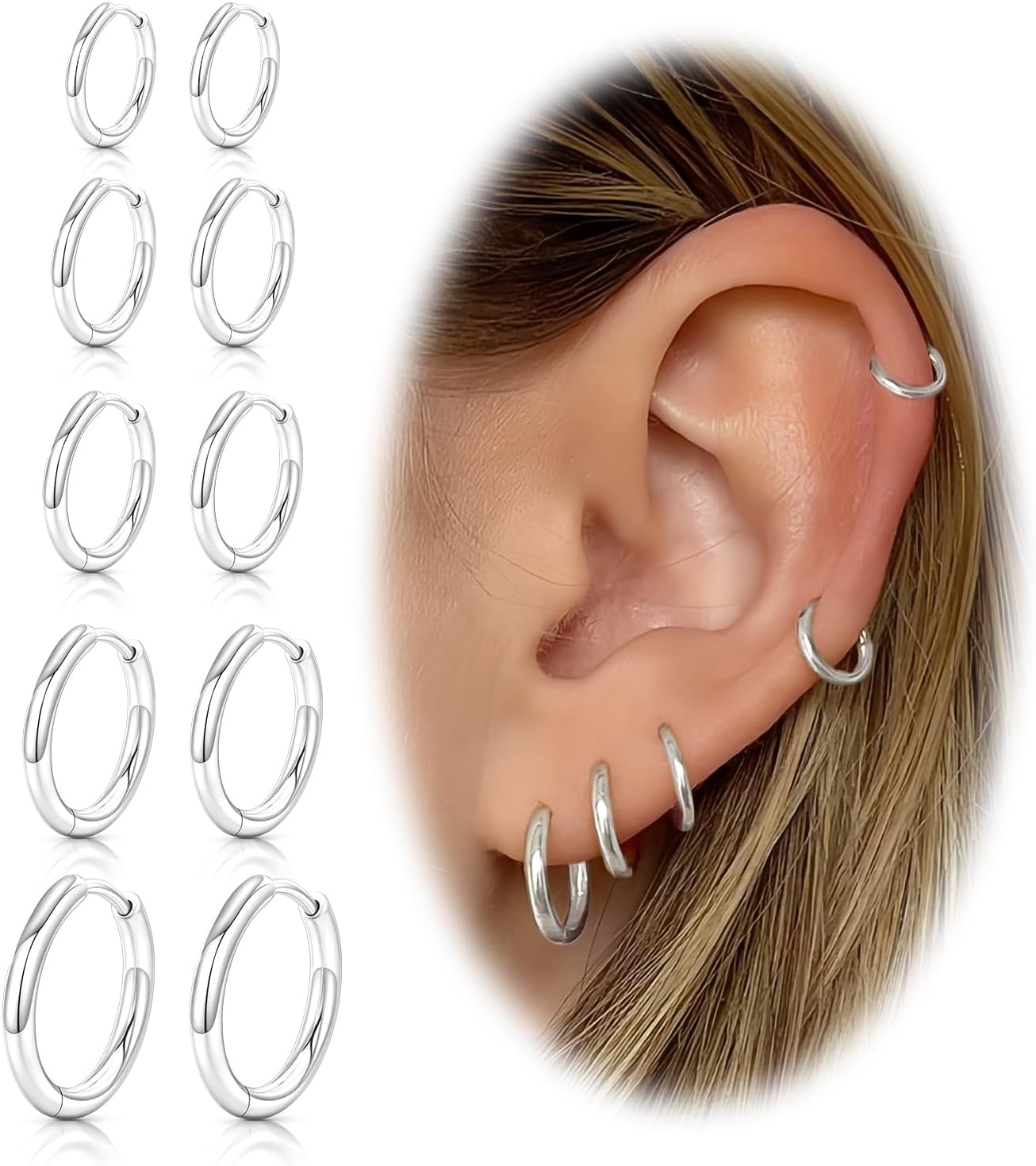 Sterling Silver Hoop Earrings, Hypoallergenic Earrings for Women Men 14k Real Gold Plated Small Huggie Hoop Earrings Stack Set for Multiple Piercing Lightweight Cartilage Helix Conch Hoop