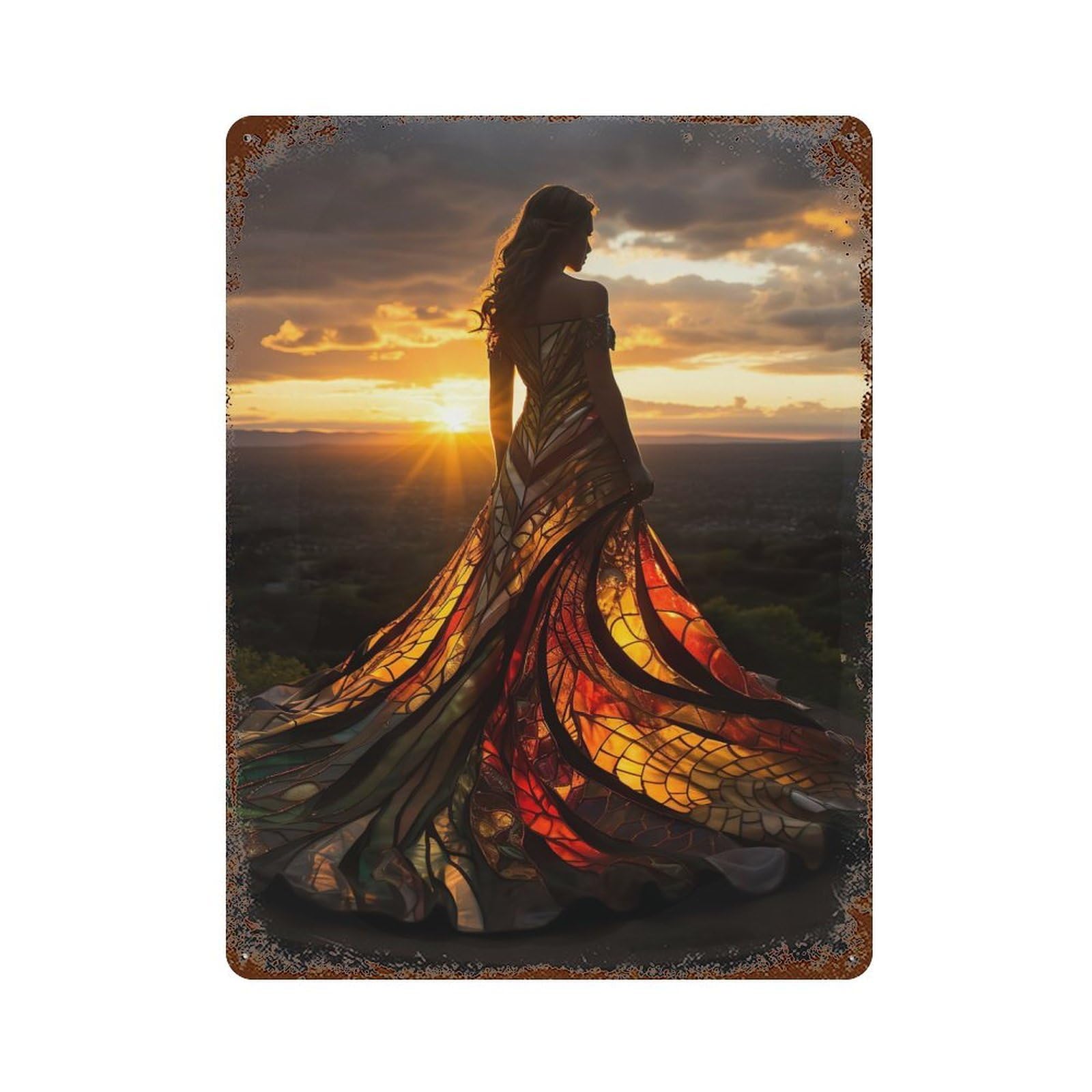 Distressed Metal Wall Sign Stained Glass Dress 15.7"x11.8", Retro Wall Decor for Basement, Hobby Room And Garage Decor
