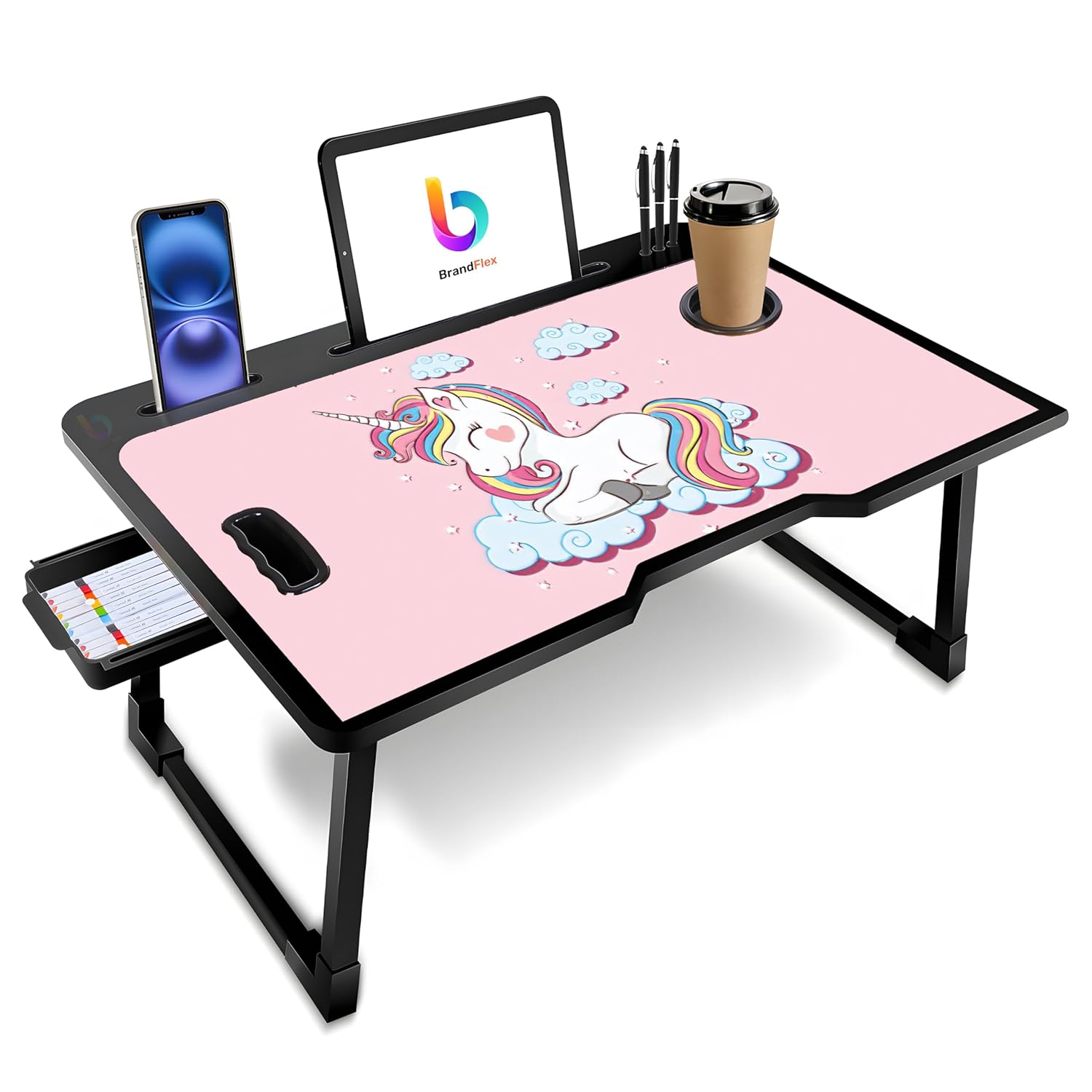 CODEXIAL Technologies PVT LTD. Premium Foldable Wooden Mini Laptop Table for Bed, Smart Study Table with Drawer, Tablet/Mobile/Cup Holder for Kids & Adults (US-Bidding-COTTEDS .Unicorn.)