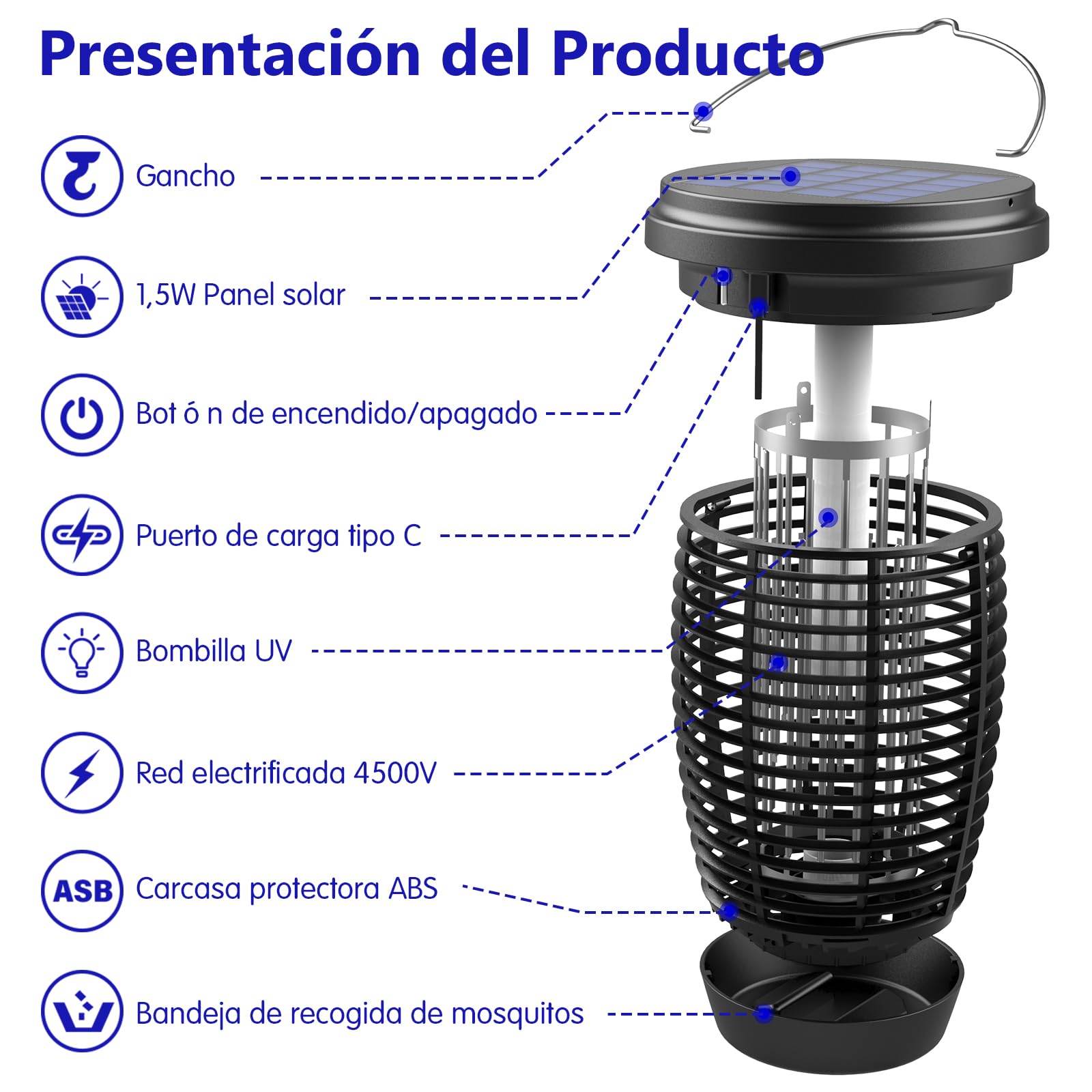 PALONE Lampara Antimosquitos Solar Type-C 4500v con Cable De 3,5 M, Antimosquitos Electrico Panel Solar de 5,5 W, Adecuado para Acampar y para Interiores y Exteriores