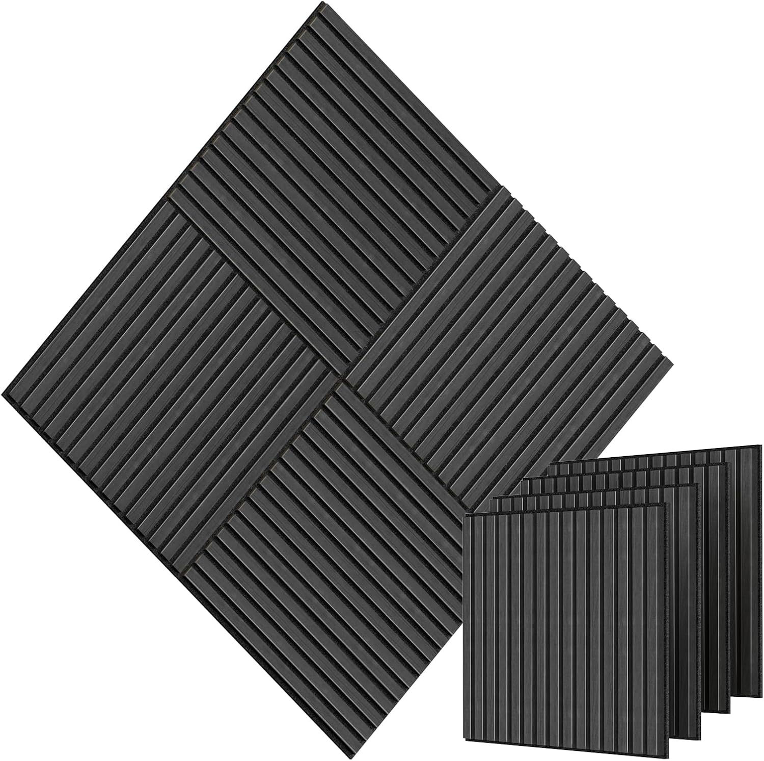 PIWA Acoustic Wall Panels 24” x 24" 4 Pack, Wood Panels for Wall Sound Dampening Slat Paneling with MDF Surface and Sound-Absorbing Core for Interior Decor, Home, Office and Gaming Room (Matte Black)