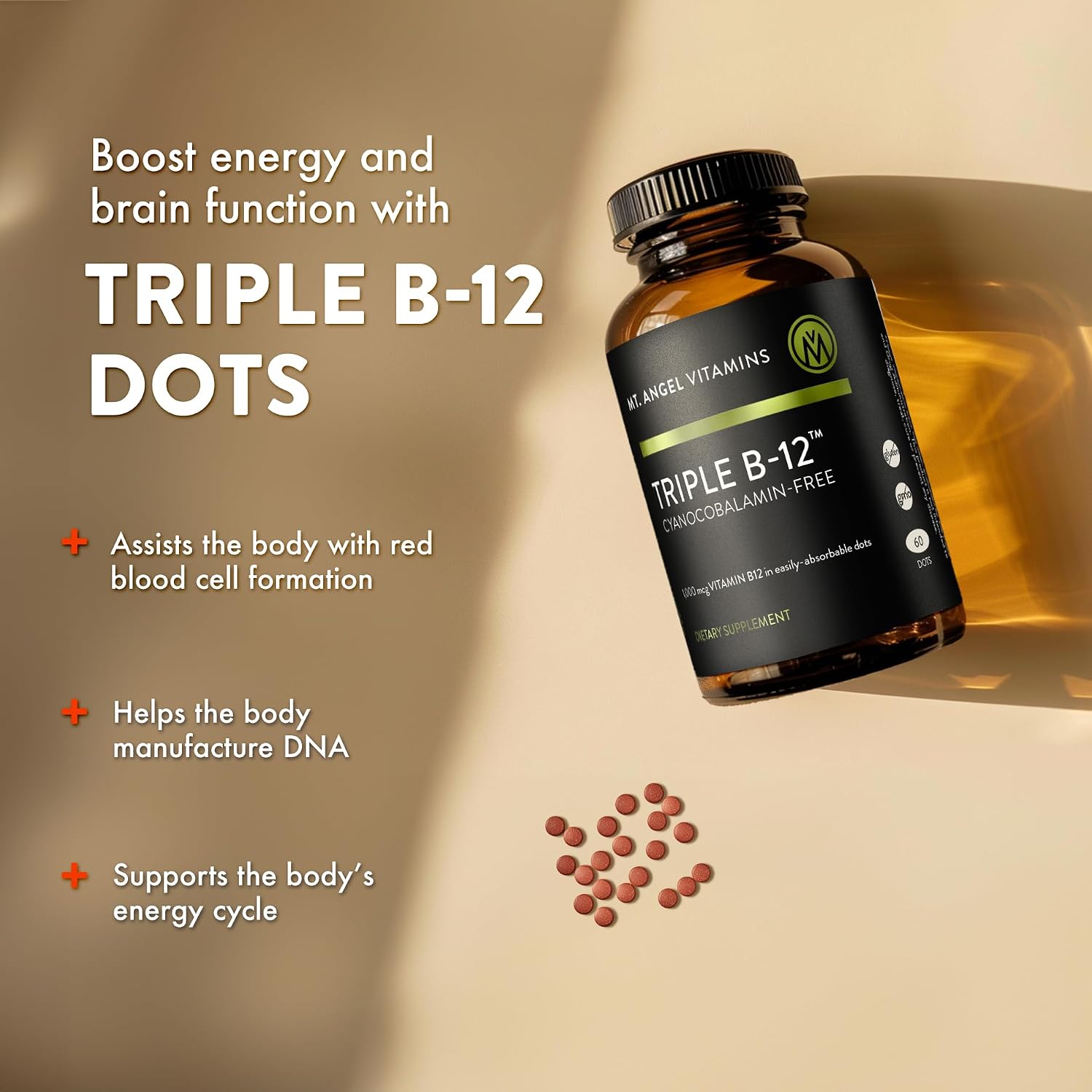 Mt. Angel Vitamins - Triple B-12 Dots | Fast-Dissolving Dots, Blend of Methylcobalamin, Adenosylcobalamin & Hydroxocobalamin, Supports Energy and Nervous System Health – 60 Dots