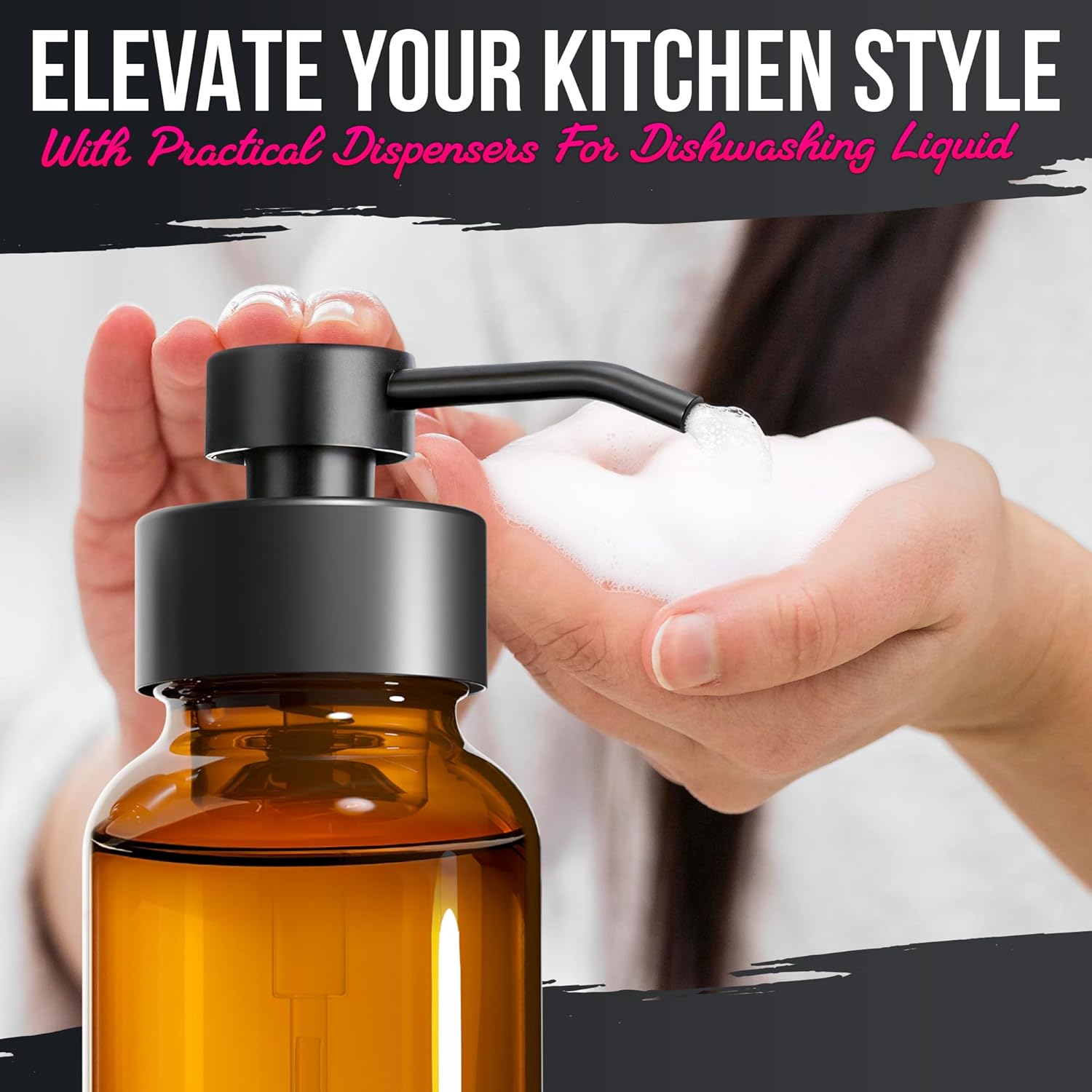 2 Pcs Amber Glass Foaming Soap Dispenser with Pump - 8.5 Oz Stylish Foaming Soap Dispenser Glass with Durable Plastic Pump for Bathroom or Kitchen Use - Non-Slip Bottom, 6 Waterproof Label Stickers - Image 9